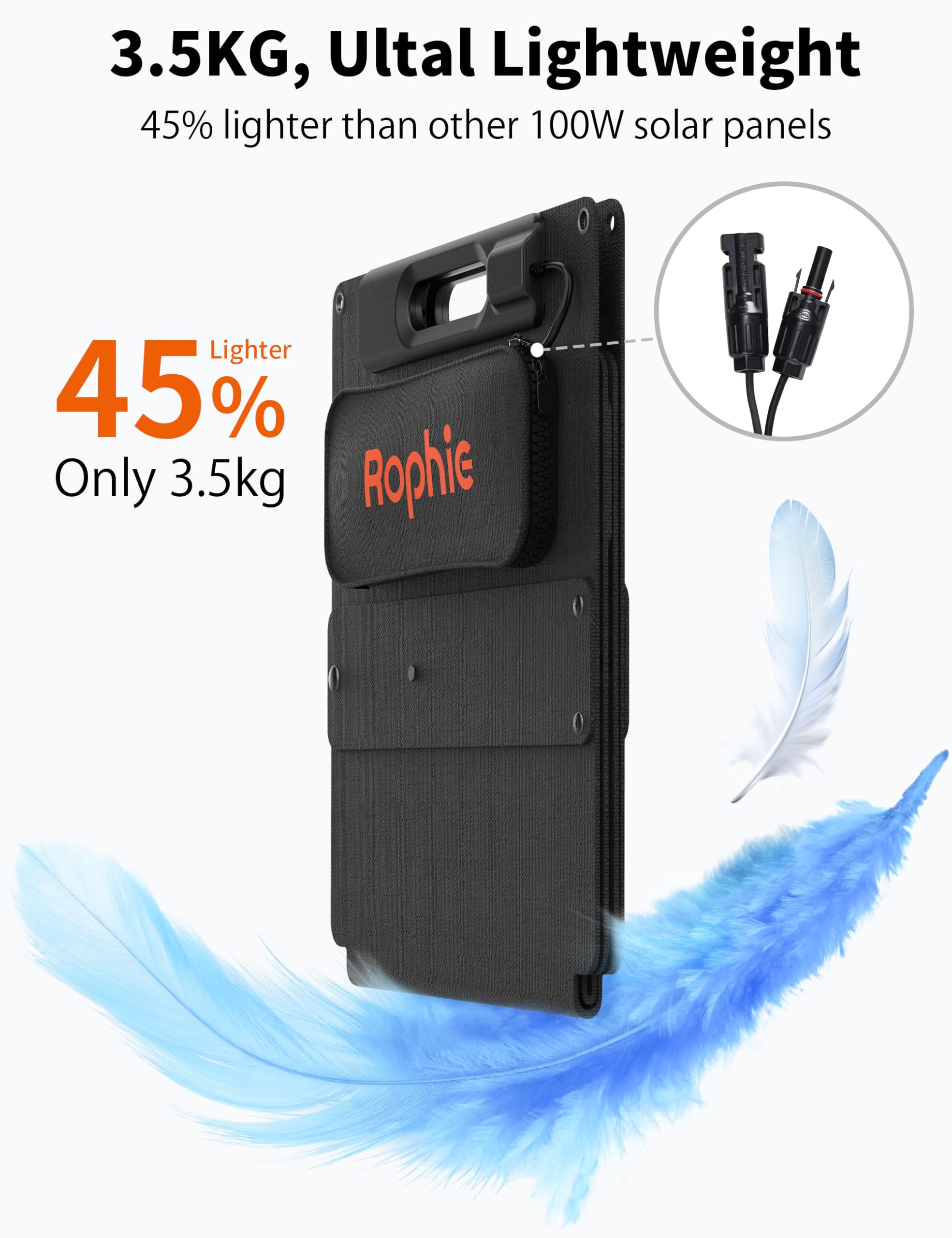 Rophie Pannello solare pieghevole da 100 W, pannello solare monocristallino con uscita MC-4 per stazione di alimentazione, 3,3 kg, ultraleggero, supporto regolabile, pannello solare IPX67 per