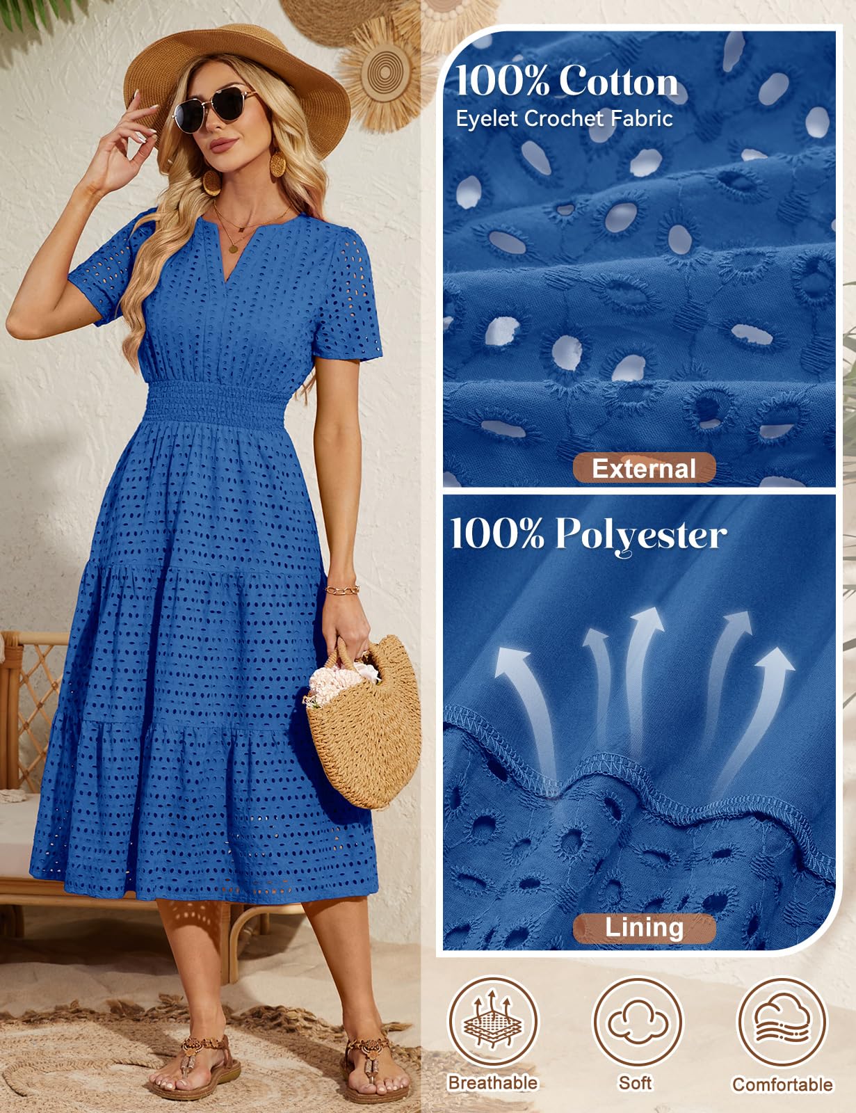 Sommerkleid Damen Lang Baumwolle Kleider Sommer V-Ausschnitt Maxikleid Leicht Luftig Freizeitkleid A-Linie Casual Kurzarm Kleid Strandkleid mit Taschen