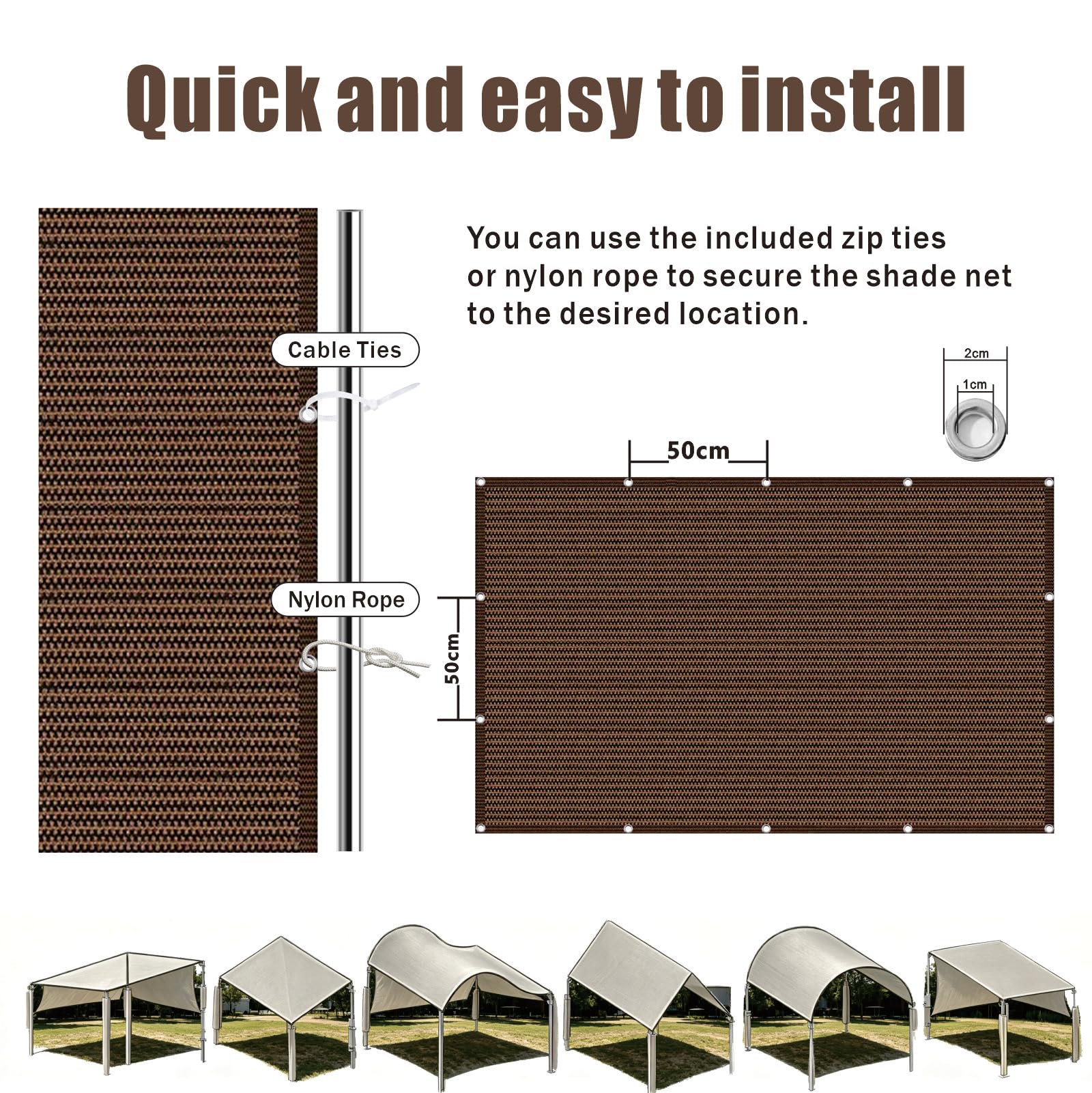 Siatka Cieniująca Z Oczkami 170 x 310 cm Oddychające HDPE – 95% Blokady Uv, 90% Zacienienia Siatka Cieniująca Z Oczkami Z Z Linką I Opaskami Kablowymi Do Ogrodu, brązowy