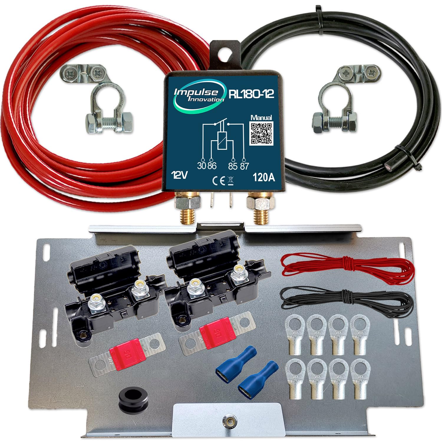 Zweitbatterieset RL180-12 PRO | Trennrelais 12 V 120 A | 3,5 m 10 mm² Vollkupfer-Kabelsatz | Batteriehalter BH-01 für VW T4 T5 T6