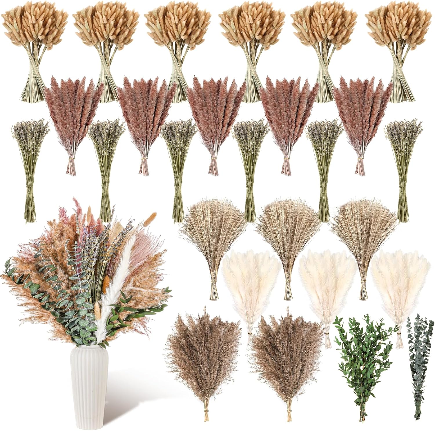 800 Pcs Boho Dried Pampas Grass Decor, Exquisite Lavender and Eucalyptus Dried Rustic Flowers Arrangements Bouquets for Your Bohemian Home, Bedroom, and Wedding Table Decoration
