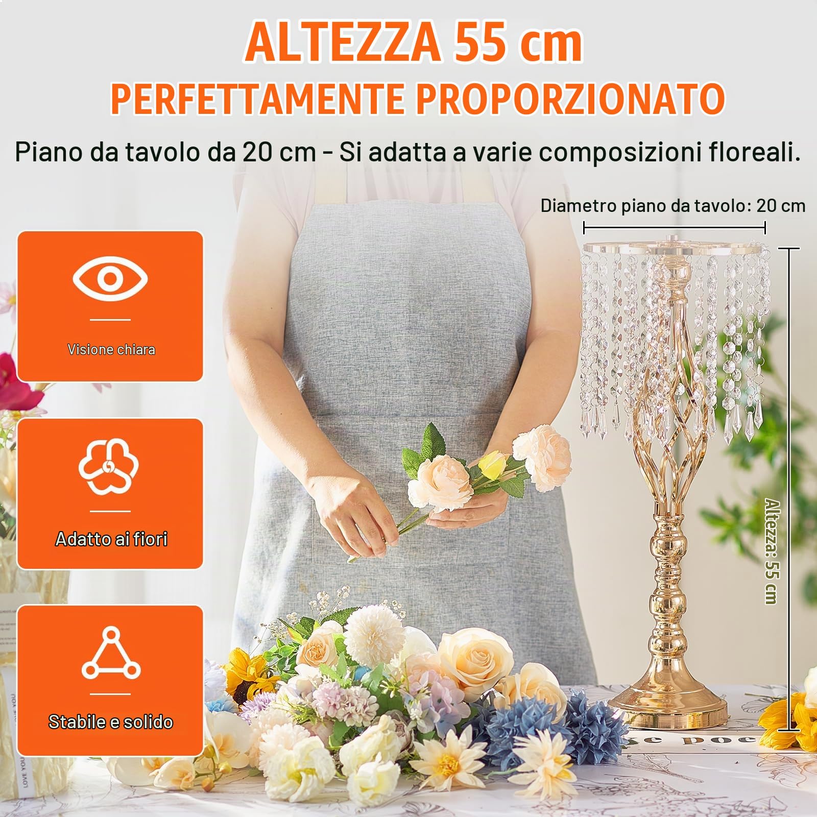VEVOR Supporto per Fiori da Matrimonio in Cristallo, Alto 55 cm Centrotavola in Metallo per Matrimonio 10 Pezzi, Portafiori Dorati, Espositore Floreale per Tavoli, Cene di Nozze, Cerimonia, Compleanno