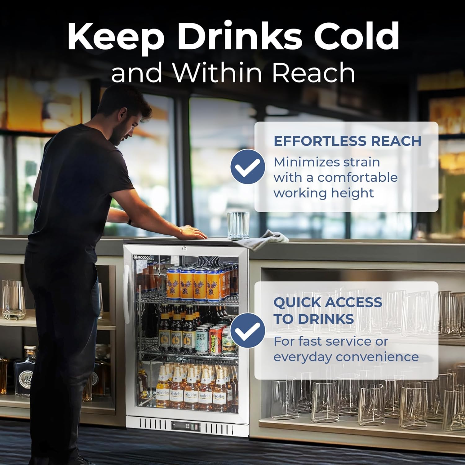 Procool 1-Door Counter Height Beverage Refrigerator - 24" Wide Energy Efficient Stainless Steel Bar Fridge With Glass Door & LED Lighting - Commercial Back Bar Cooler