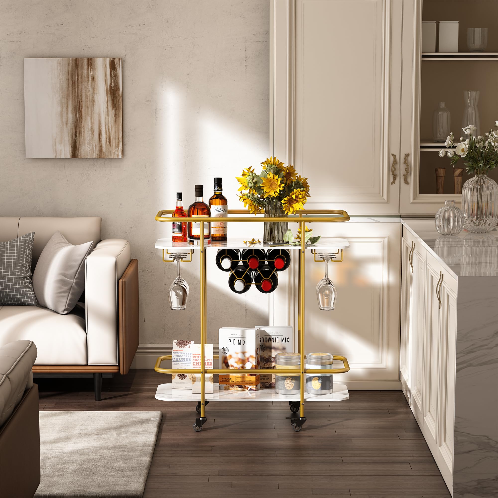 Carrello Bar 2 Ripiani, Carrello Portabevande Mobile con Ruote, Portavini e Portabicchieri, Carrello Portabevande Moderno per Casa Cucina Feste, Oro