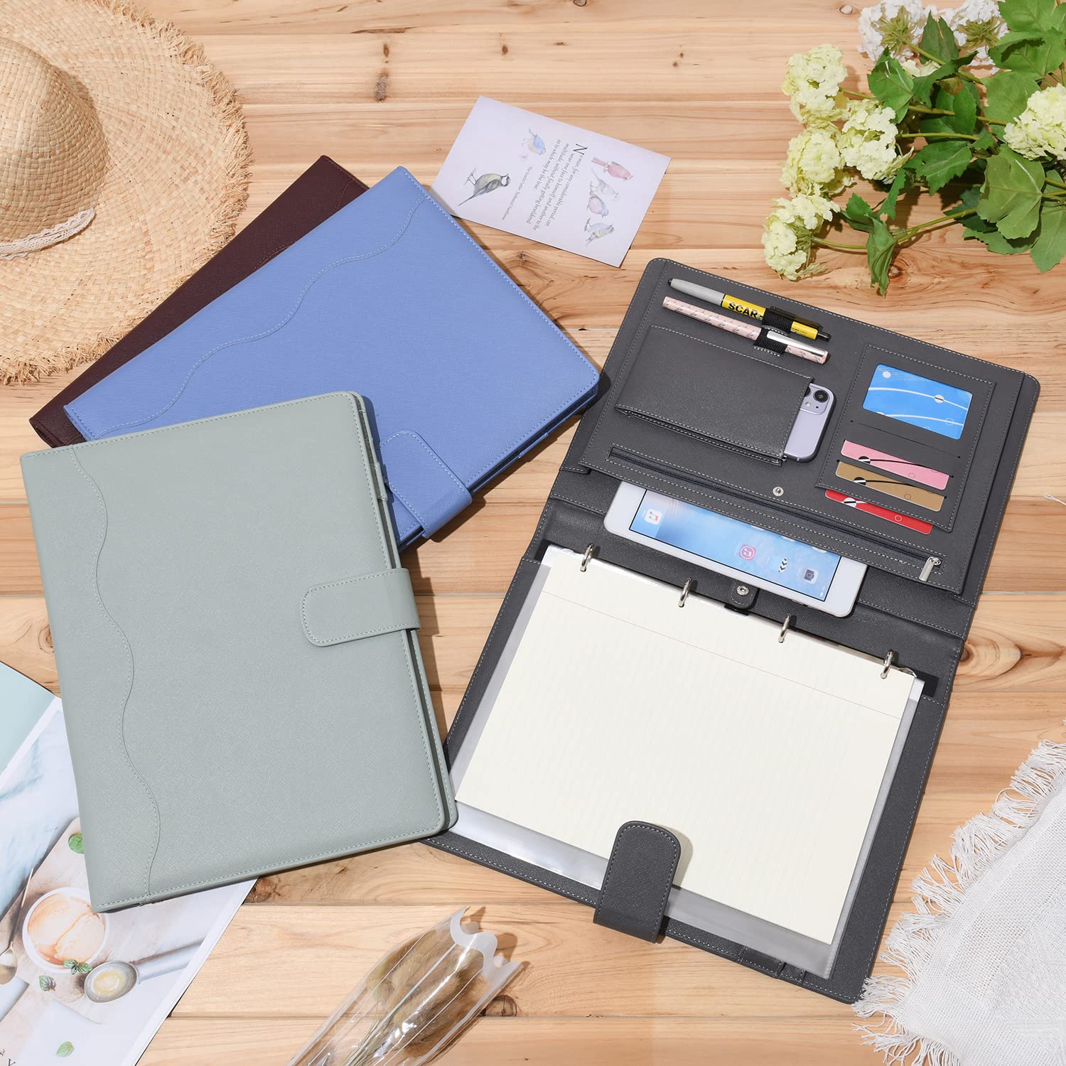 Wonderpool A4 PU Cuero 4 Anillos Combo de Escritura de Documentos Múltiples con Portapapeles Extraíble y Bolsillo Funcional para Organizador Oficina Viajes Escuela (Verde)
