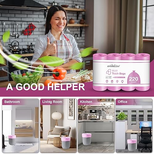Miniatura 6 de Charmount Bolsas de basura de 4 galones, 220 unidades, pequeñas mini bolsas de basura para baño, cocina, dormitorio, sin perfume, color rosa intenso