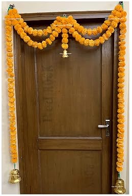 SPHINX Artificial Marigold Flower Door Toran for Decoration | Fluffy Genda Phool Hanging for Main Door, Diwali, Navratri, Ganesh Chaturthi, Wedding & Pooja Decor (Light Orange, 100 x 152 cm, Set of 1)