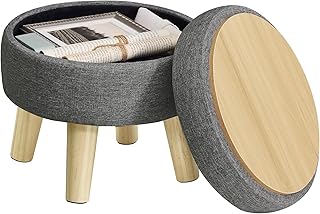 SONGMICS Storage Ottoman, Foot Stool, Round Ottoman with Padded Seat, Foot Rest with Wood Legs, Small Table, for Hallway, ...