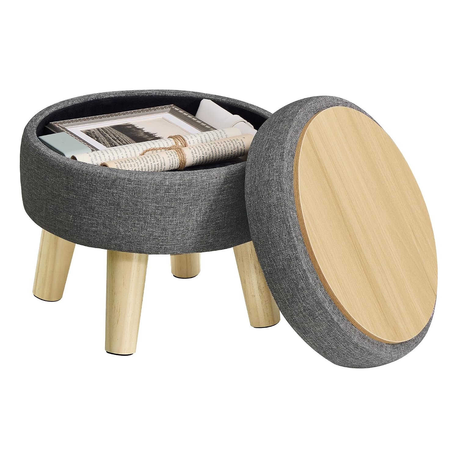 SONGMICS Storage Ottoman, Foot Stool, Round Ottoman with Padded Seat, Foot Rest with Wood Legs, Small Table, for Hallway, ... - Review, Price and Buying Guide