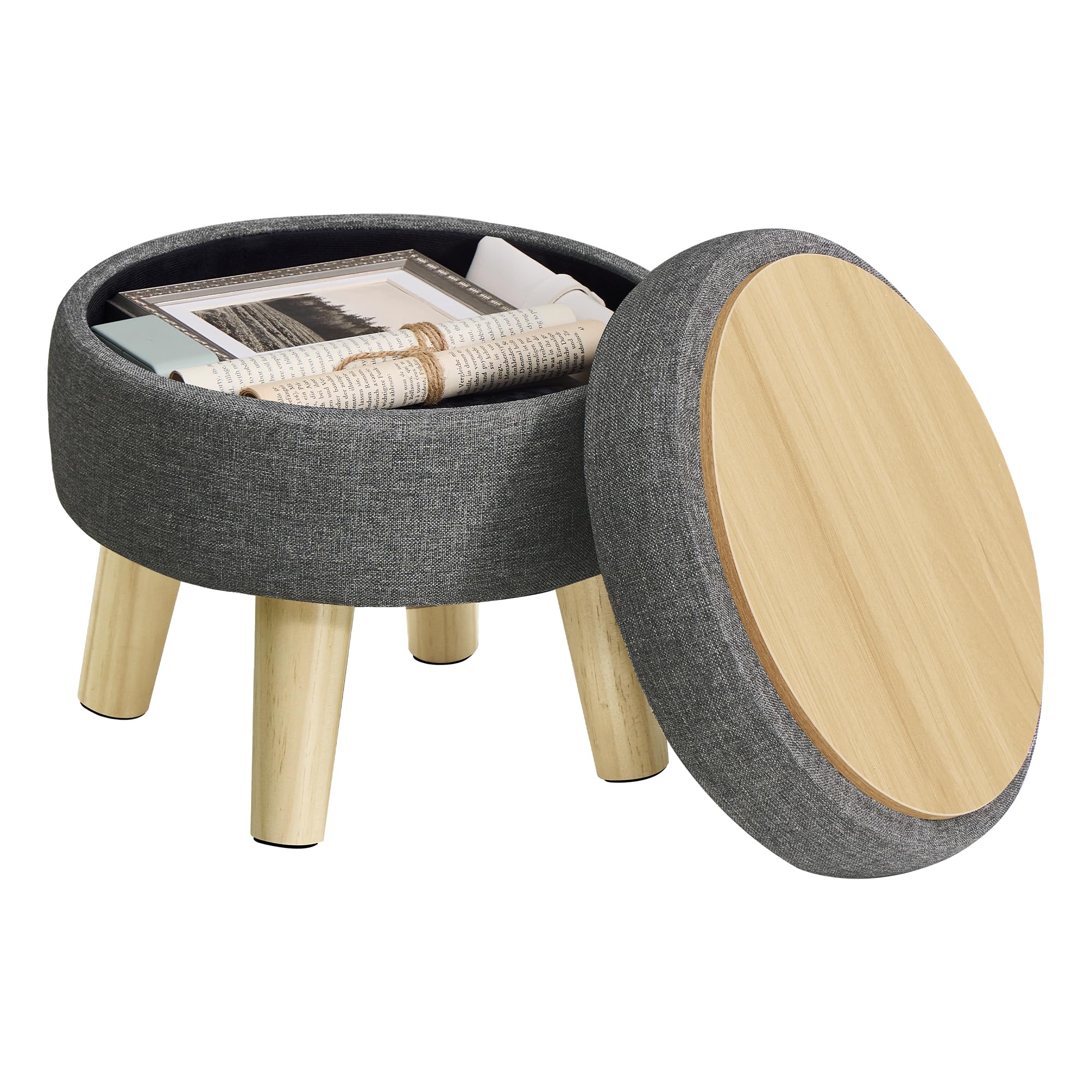 SONGMICS Round Storage Ottoman, Footstool with Padded Seat, Wood Legs