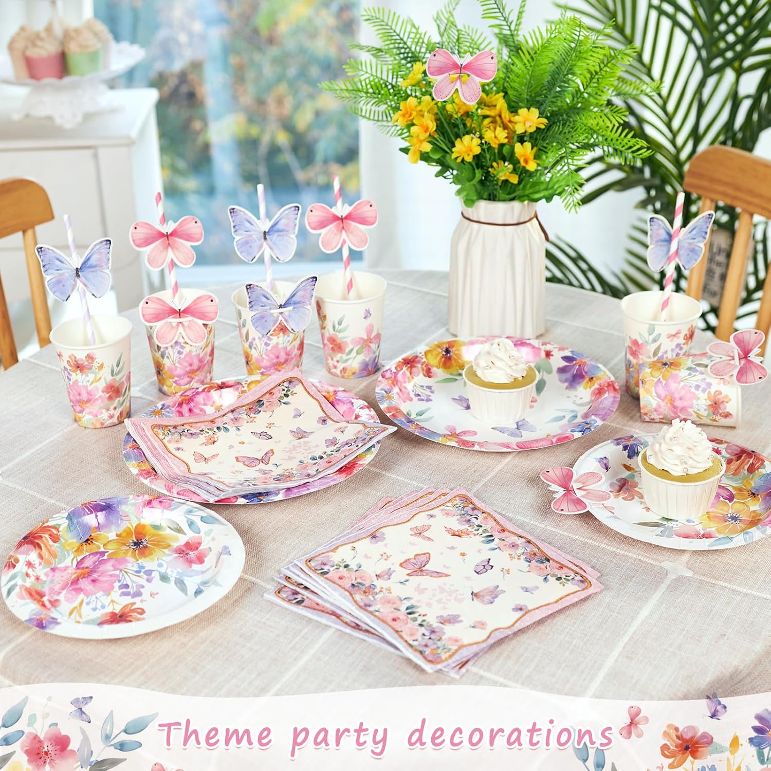 SUNBEAUTY 80 Pcs Butterfly Floral Paper Plates Spring Floral Party Decoration Birthday Supplies Serves 16 Guests Disposable Plates Napkins and Cups for Wedding Baby Bridal Shower Birthday Party