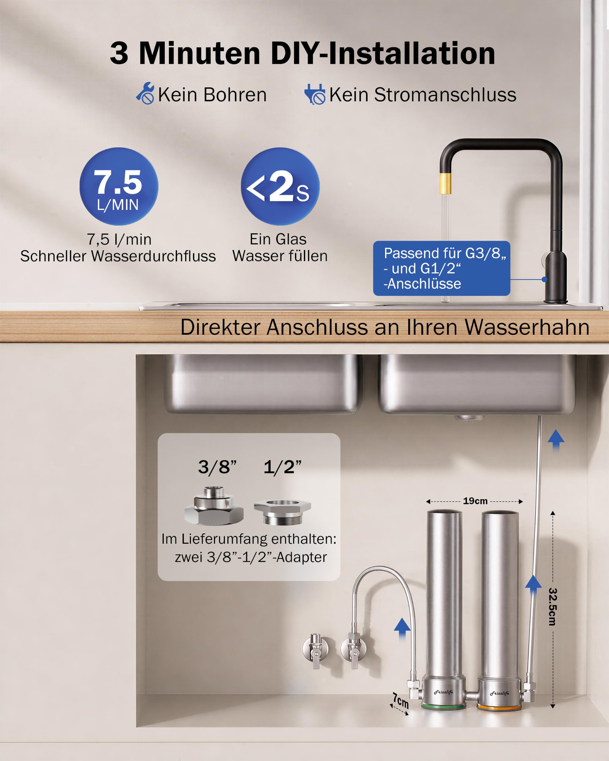 Frizzlife UDS99-S Untertisch-Wasserfiltersystem, 8-stufige Wasserfilterung mit Direktanschluss, 0,5 Mikron, reduziert 99,99% Blei, Chlor, Schwermetalle, Kalk und Kalkstein, Edelstahl，Blaue Ausgabe