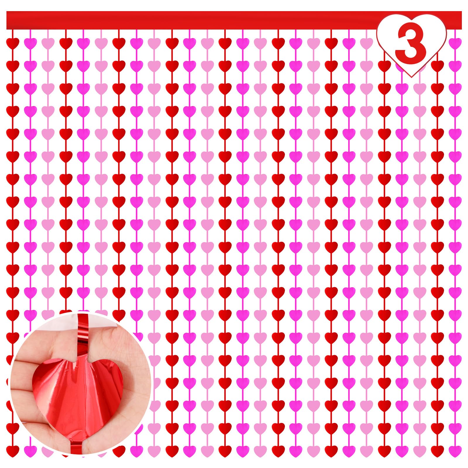 Heart Foil Fringe Curtains 3.3x6.6ft Valentines Red Pink Heart Shaped Tassel Curtains Photo Backdrop Streamer for Valentines Party Decorations Bridal Shower Wedding Engagement(3 Pcs)