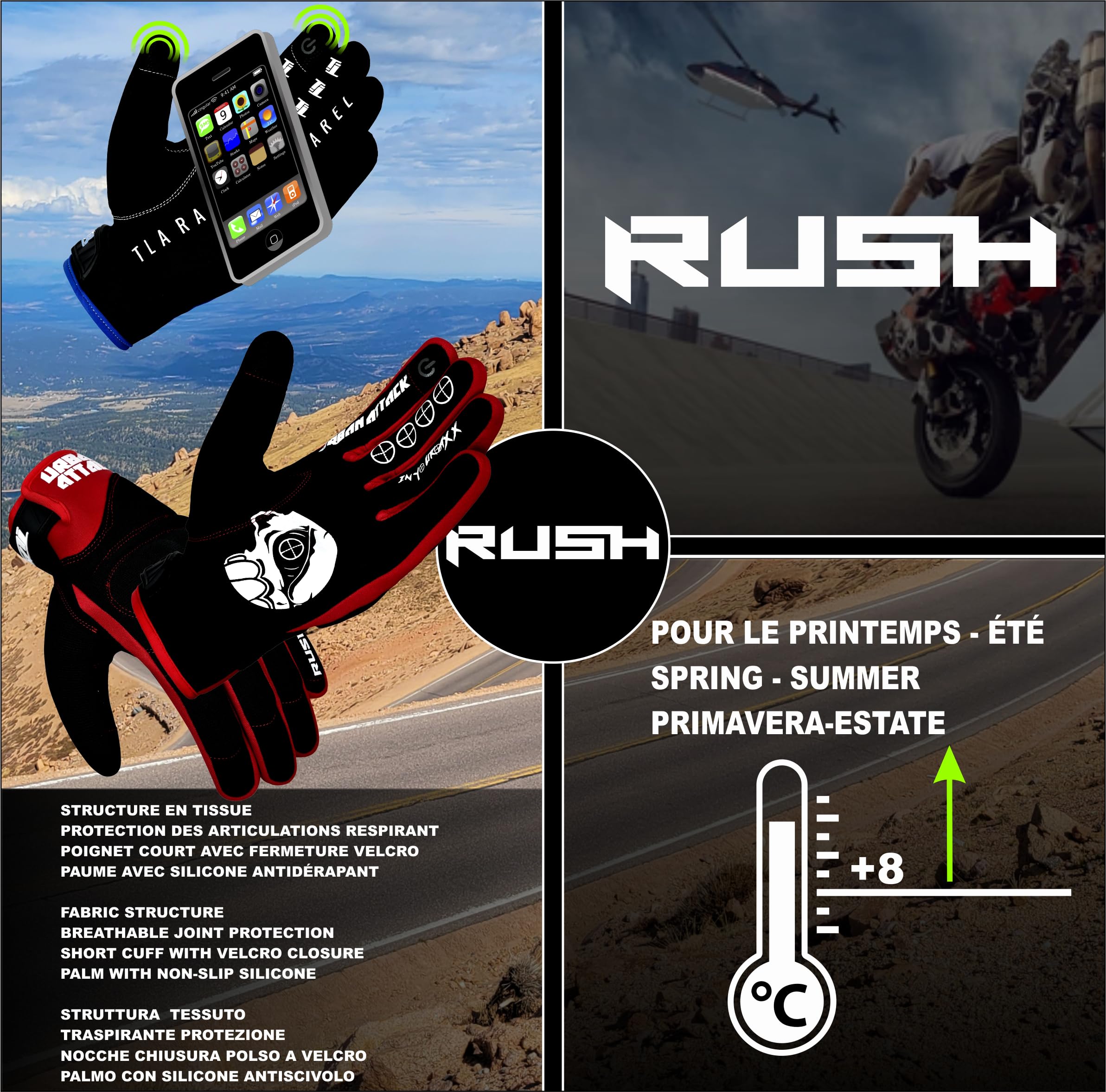 TLA RUSH Guanti moto turismo con protezioni nocche omologati CE, Guanti da motocross, scooter,quad, bici, touchscreen, traspiranti, mezza stagione, alta protezione all'impatto.