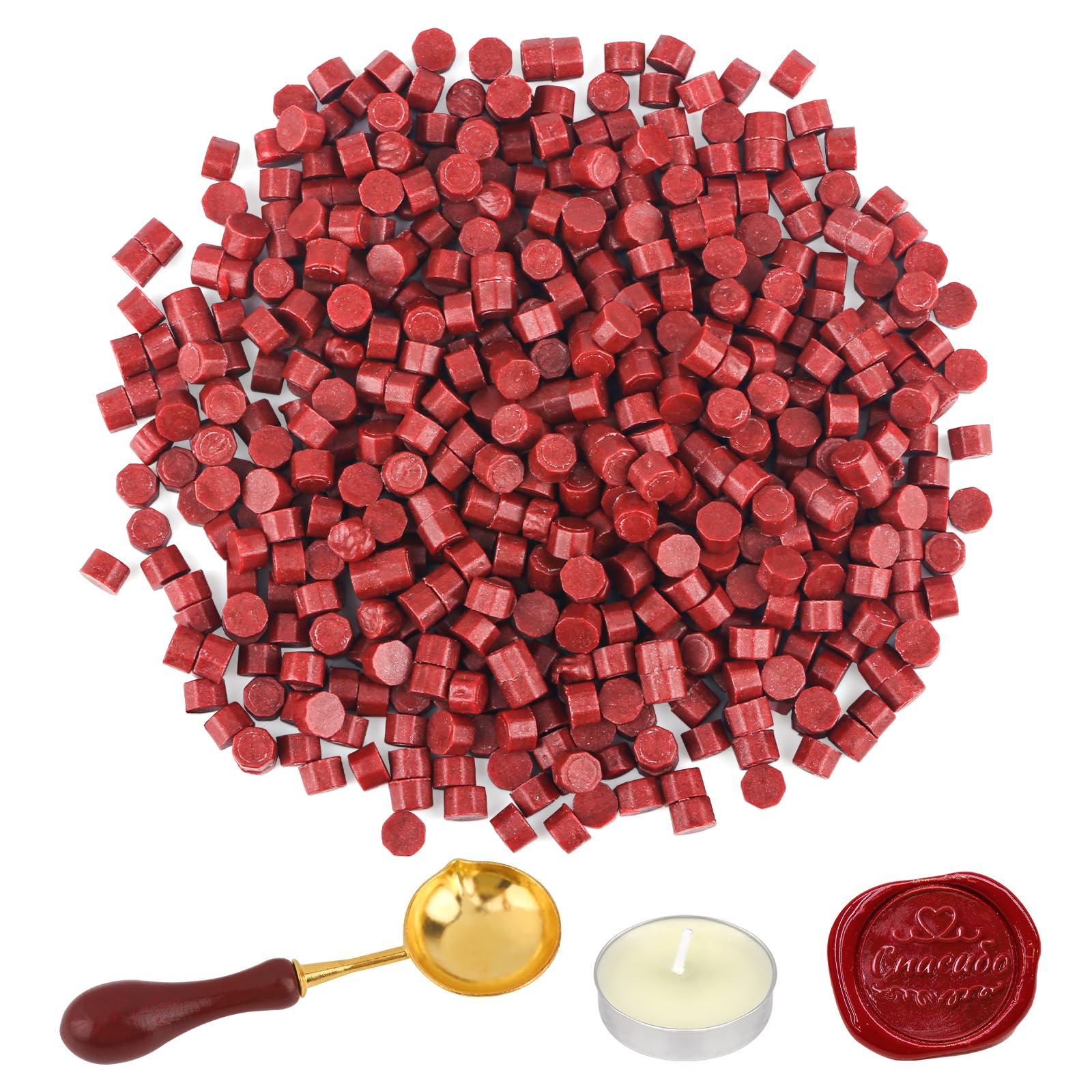 Kit de Sceau de Cire Octogonal Rouge avec 500 Perles de Cire et Cuillère à Fondre