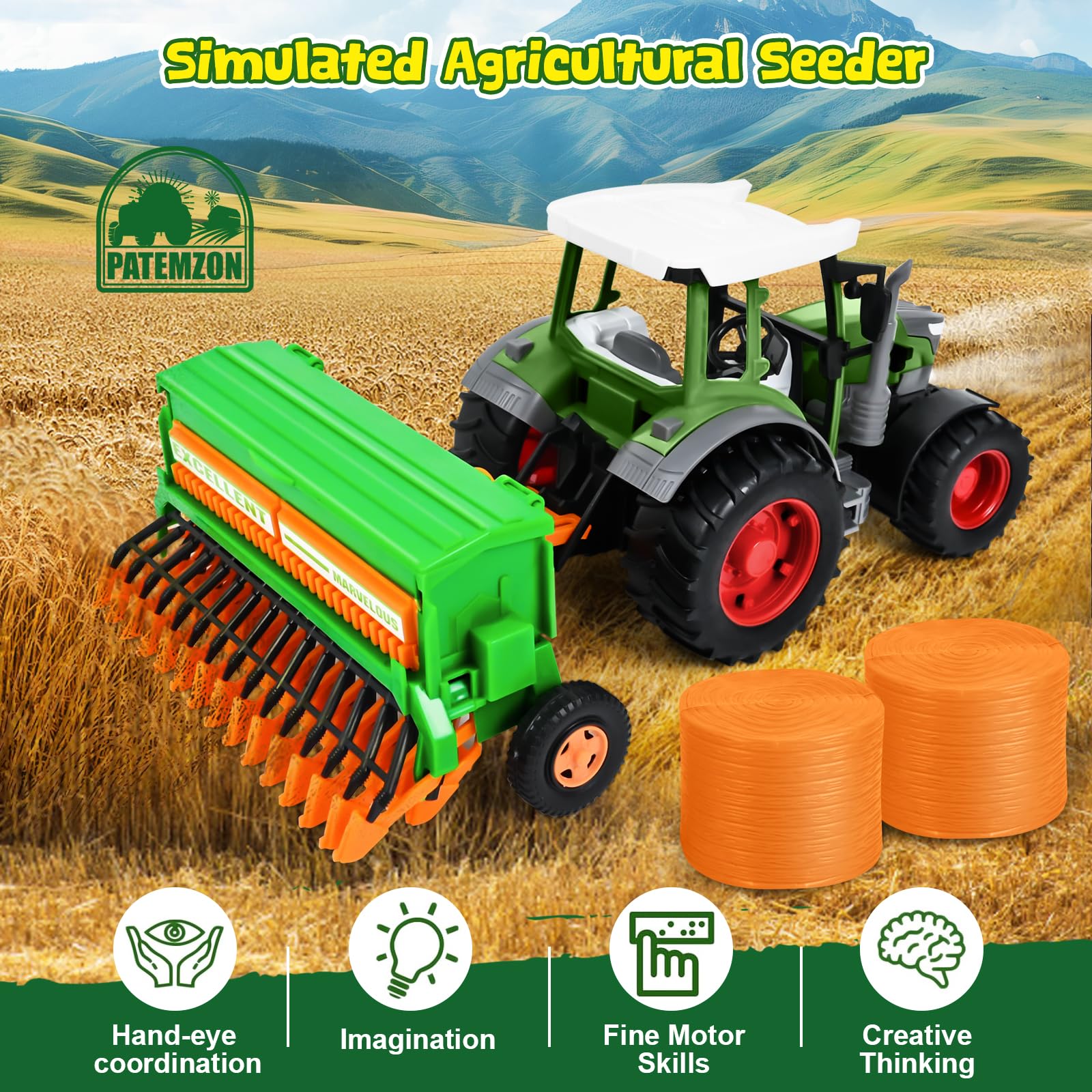 PATEMZON RC Trattore Telecomandato per Bambini, Trattore Agricolo con Aratro e Luce, Set di Trattore Radiocomandato con Rimorchio Giocattolo, Mucca, Pecora, Troncs d'Arbre e Balle, Verde