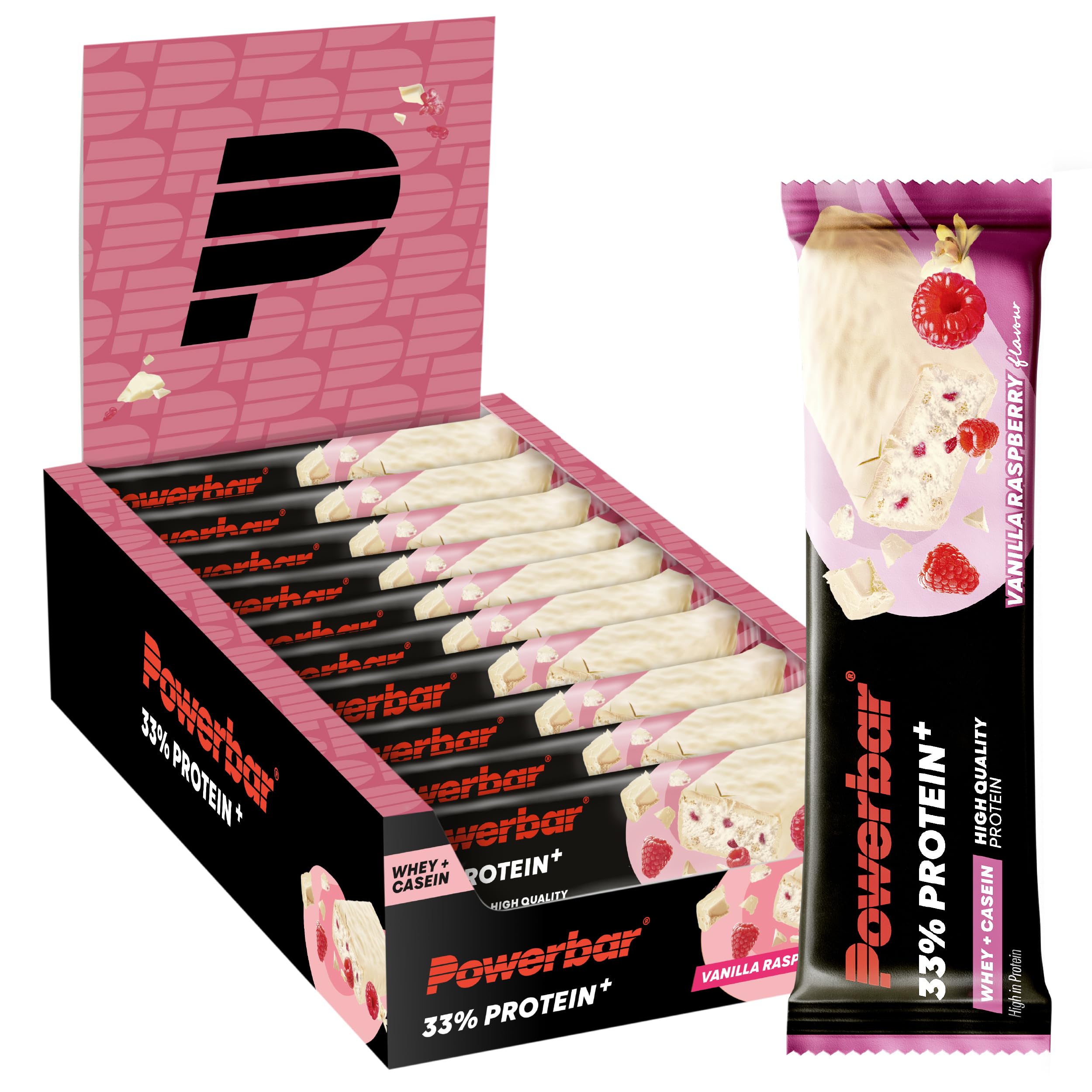 Powerbar - 33% Protein Plus - Vanilla Raspberry - 10x90g - High Protein Bar - Whey&Casein Protein - palm oil free - collagen free