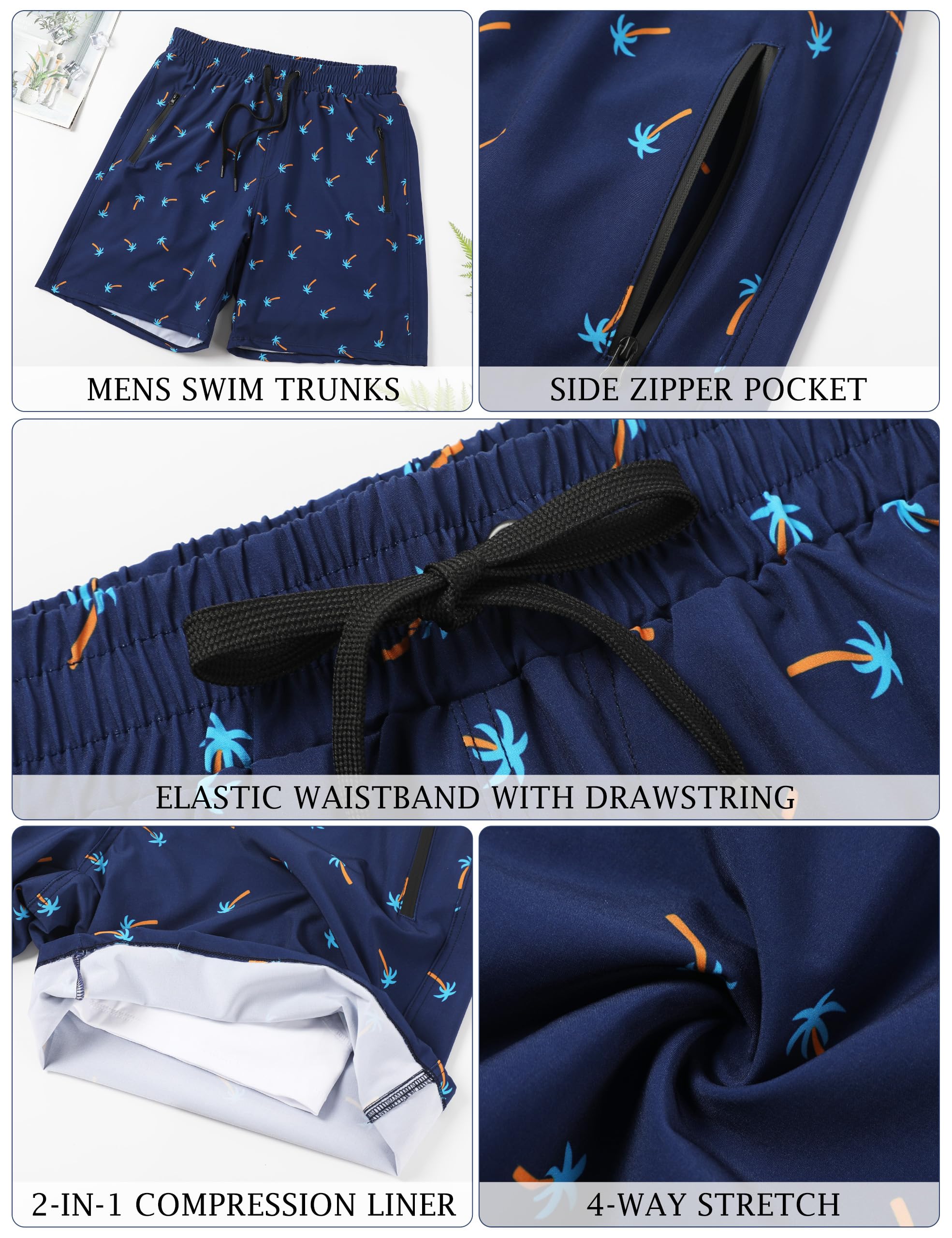 bolukets Badehose für Herren mit Kompression Liner 7" 2 in 1 Atmungsaktiv Badeshorts mit Reißverschlusstaschen Männer Elastisch Boardshorts mit Tunnelzug