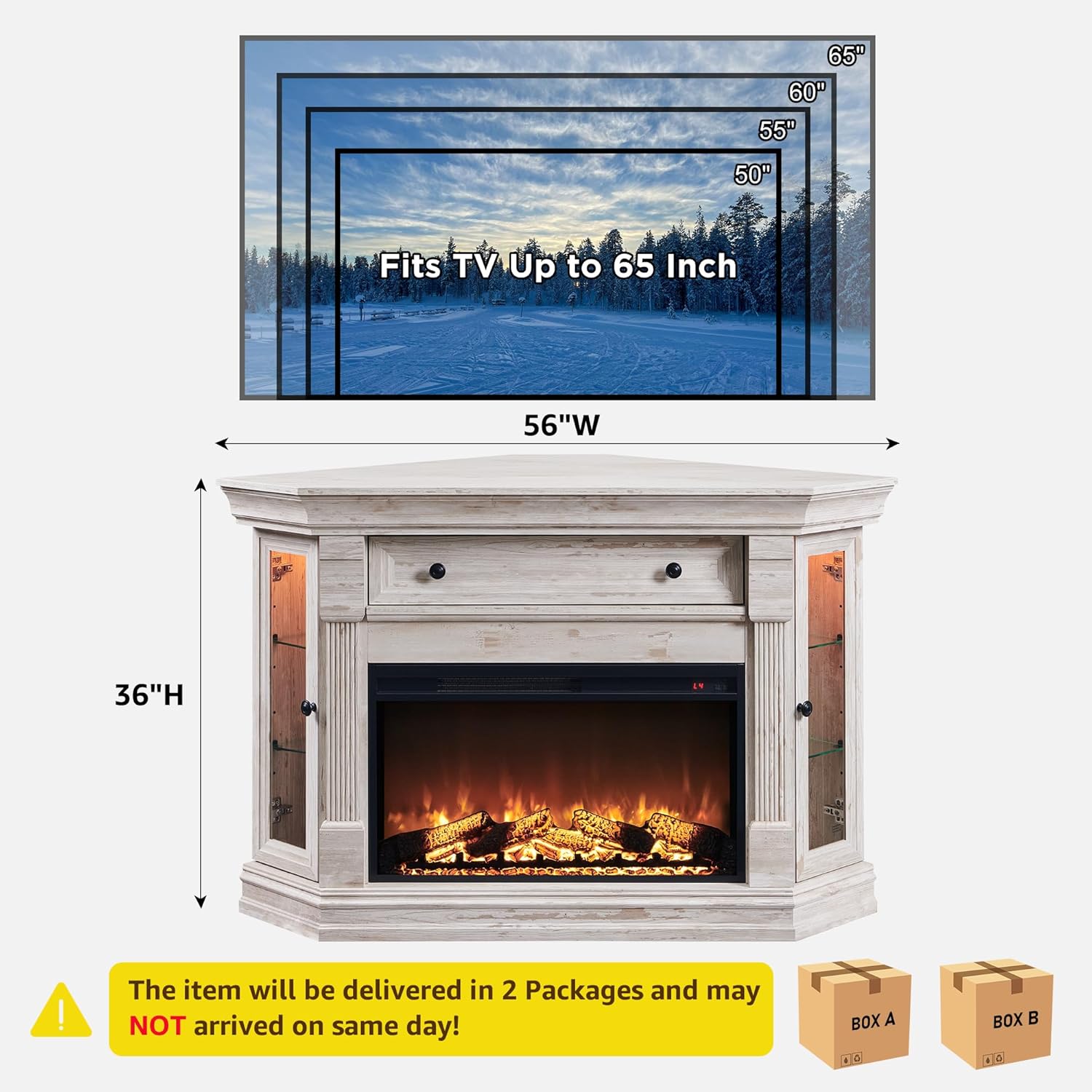Diagram showing the dimensions of the OKD 56-inch Corner Fireplace TV Stand and indicating that it ships in two packages.