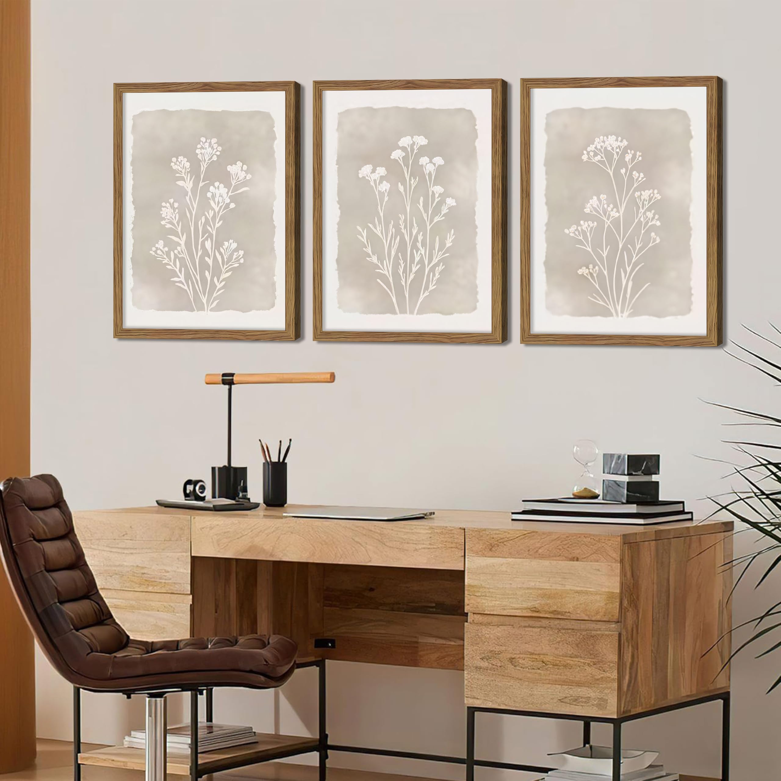 Framed Boho Botanical Flower Wall Art Set of 3, Vintage Minimalist Neutral Floral Wall Decor Paintings, Rustic Farmhouse Wildflower Artwork Prints Picture for Living Room Bedroom Bathroom 16x24 Inch