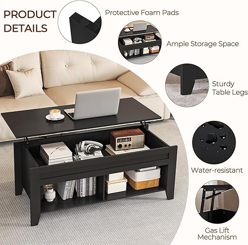 Miniatura 9 de Yaheetech Mesa de centro de madera negra elevable, con almacenamiento oculto y 2 estantes abiertos para sala de estar, recepción, oficina, 39.5