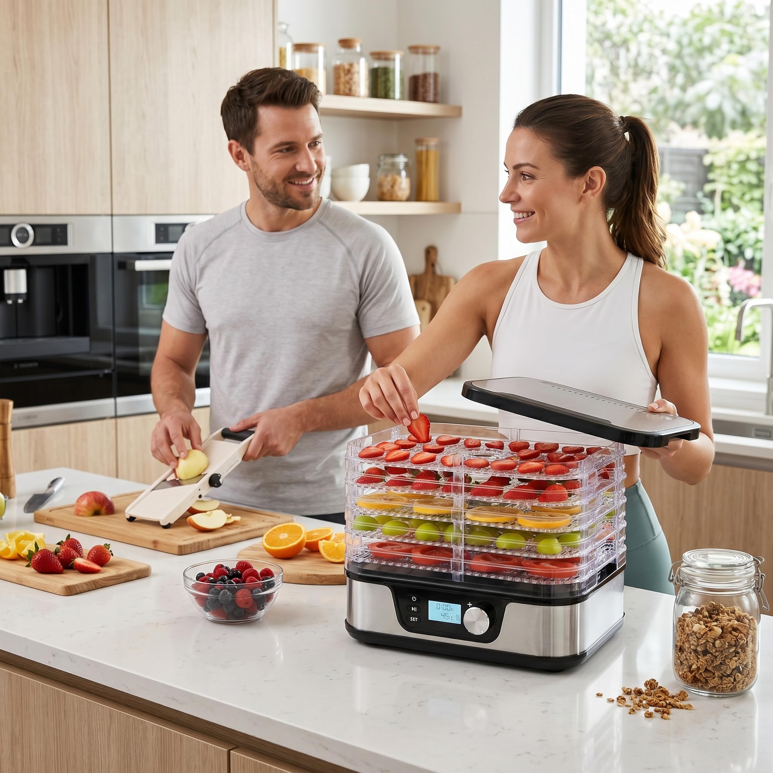 Arendo - Dörrautomat Edelstahl mit Temperaturregler - Edelstahl Dörrgerät für Lebensmittel Fleisch Früchte Gemüse - mit Timer bis zu 24 h - 35-75 Grad - 5 Einlegefächer - GS - Dehydrator - BPA frei