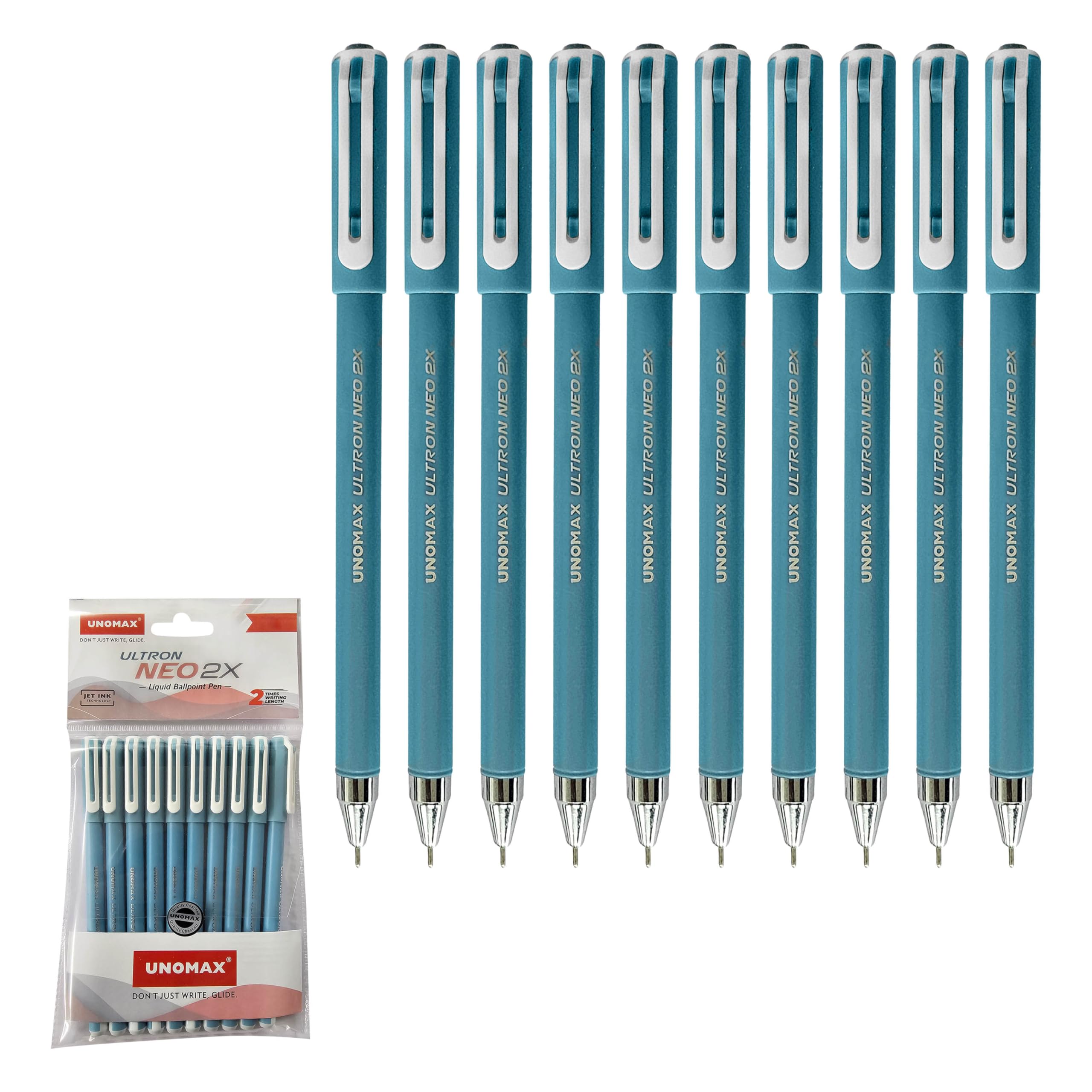 ULTRON NEON 2X Ballpoint Pens, Fine Point (0.7mm), BLUE, Pack of 10, Smooth Ball Pens, Comfort Grip, School Office Home Use, iZOFAX Black Ball Pen