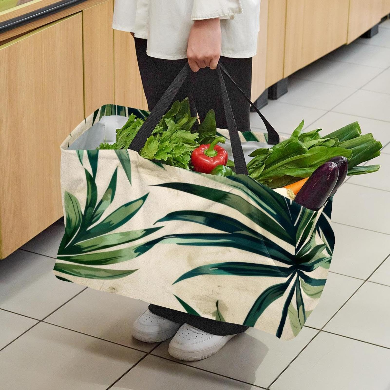 Sacs à provisions réutilisables avec motif feuilles vertes et beiges - Grand sac de courses pliable et lavable pour la plage, le pique-nique, le camping, multicolore, 22.0x12.6x11.4 in/56x29x32 cm