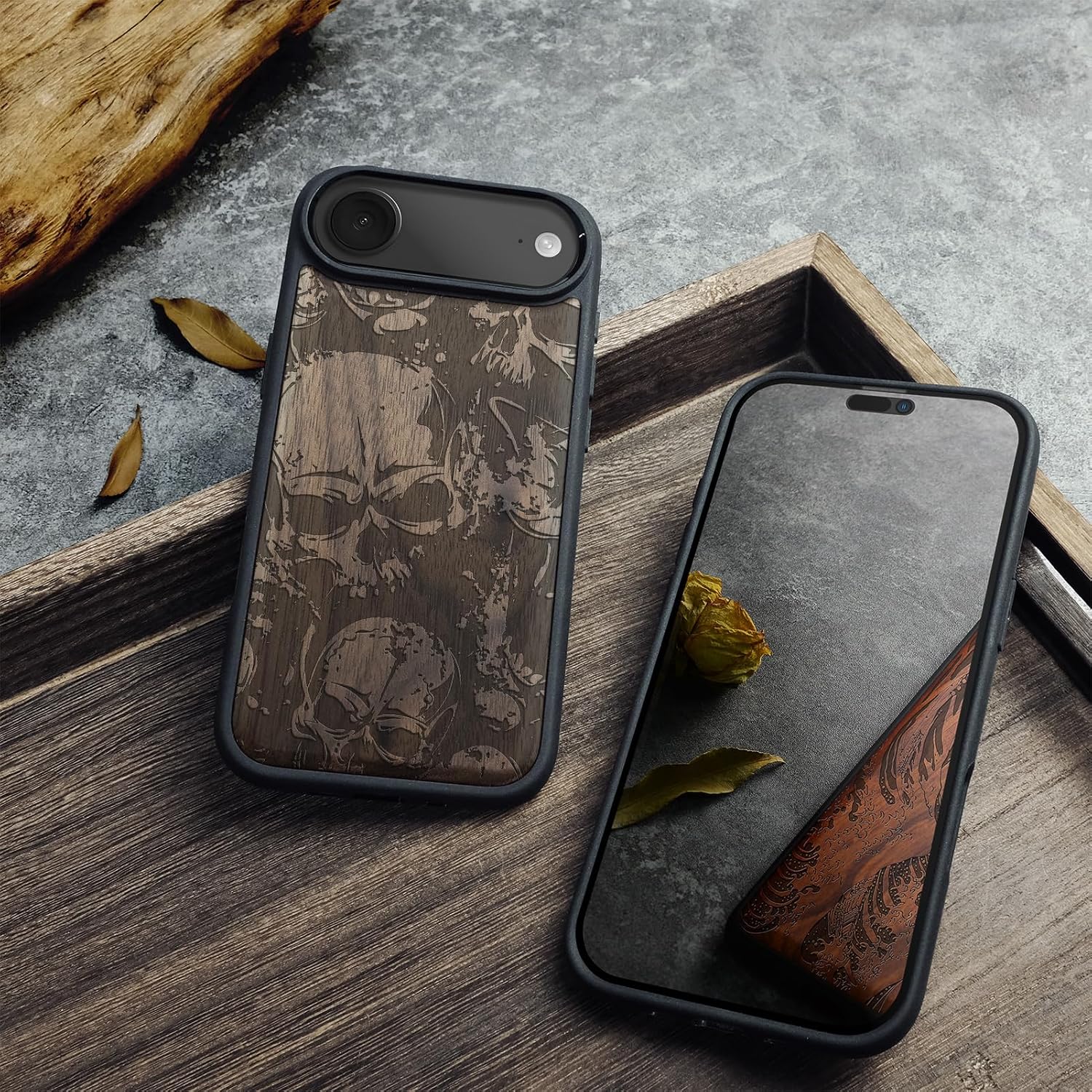 Carveit Magnetic Wooden Case for iPhone Air Case, Wood Artisan Engraved & Soft TPU Shockproof Cover, Compatible with MagSafe 17 Air Wireless Chargers (Grunge Style Skull Pattern) Walnut