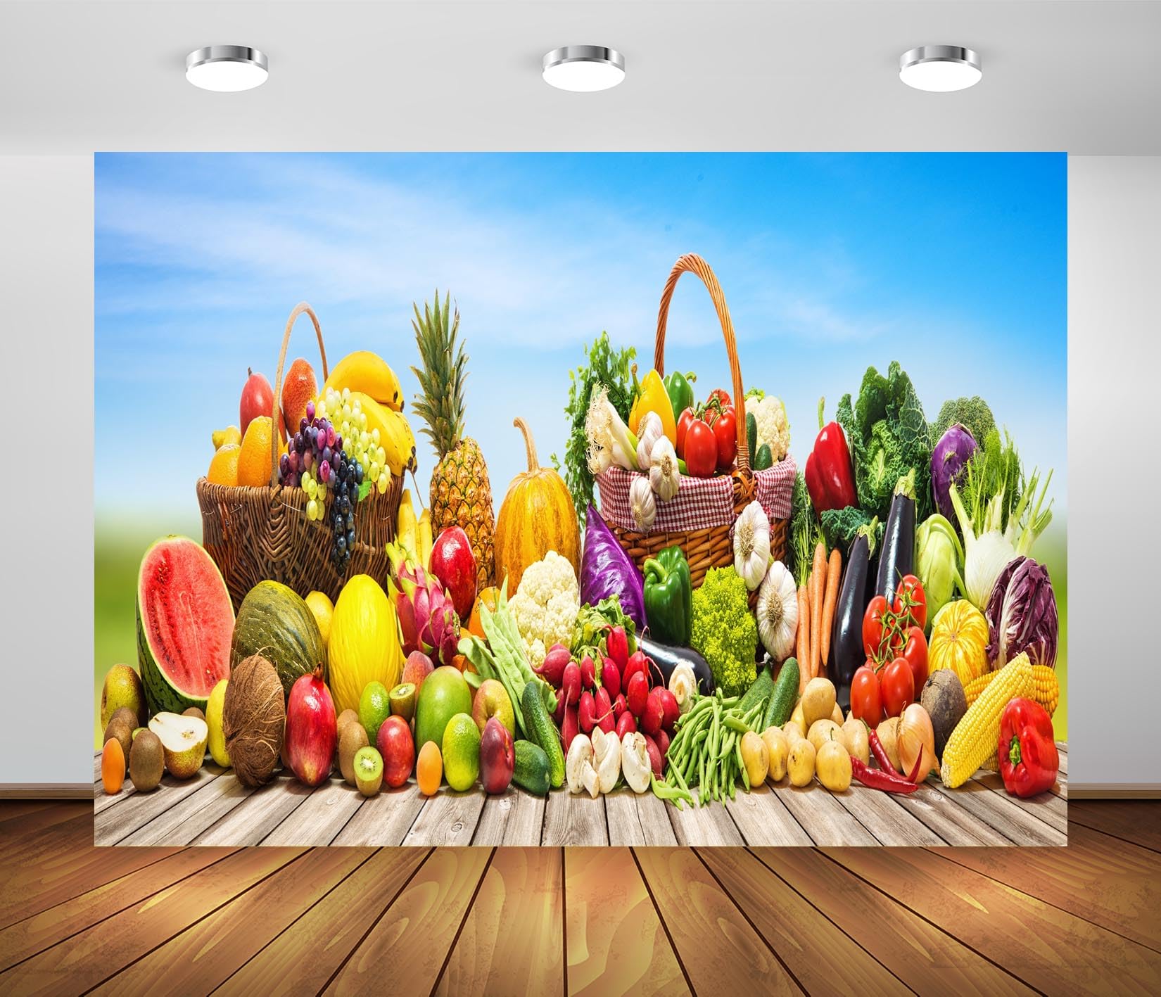 Loccor 7x5ft Fabric Vegetables and Fruits Backdrop Vegetable Garden Background Health Organic Food on Wooden Board Background for Vegetarian Party