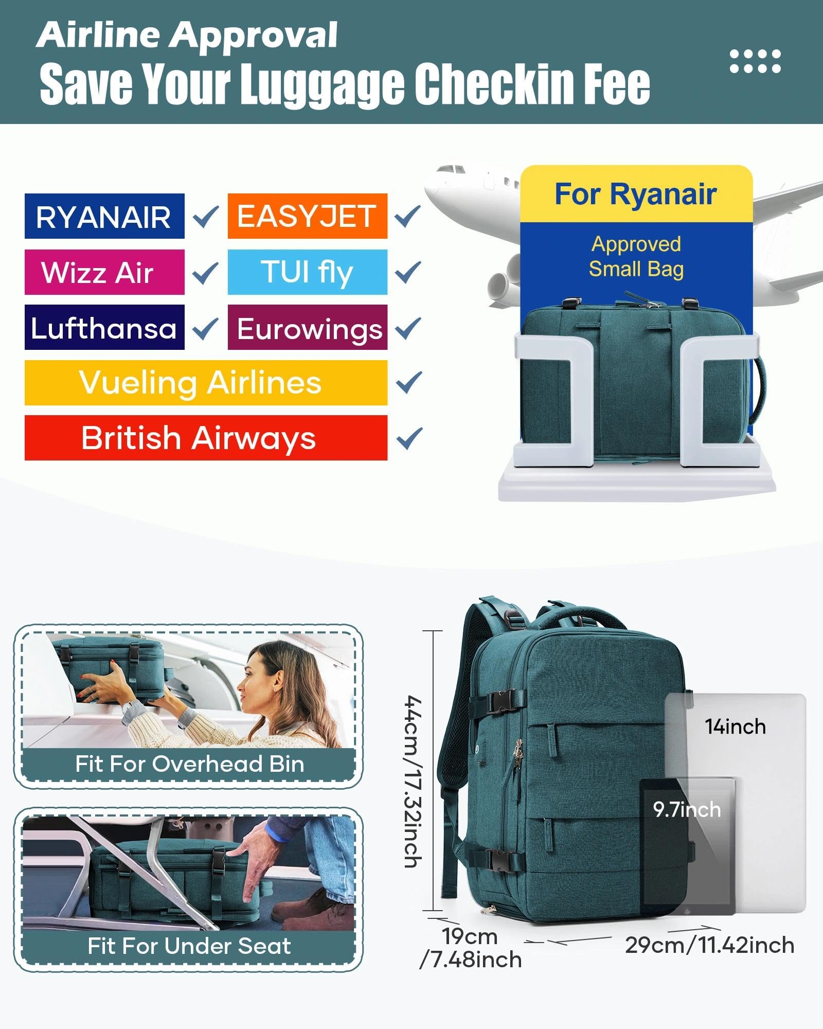 SZLX Zaino Ryanair 40x30x20 Sottovuoto con Pompa Zaino Ryanair 40x20x25 Donna Zaino da Viaggio Wizzair Bagaglio a Mano Uomo per Laptop da 14 Pollici Borse da Cabina 45x36x20 Easyjet con Porta Scarpe