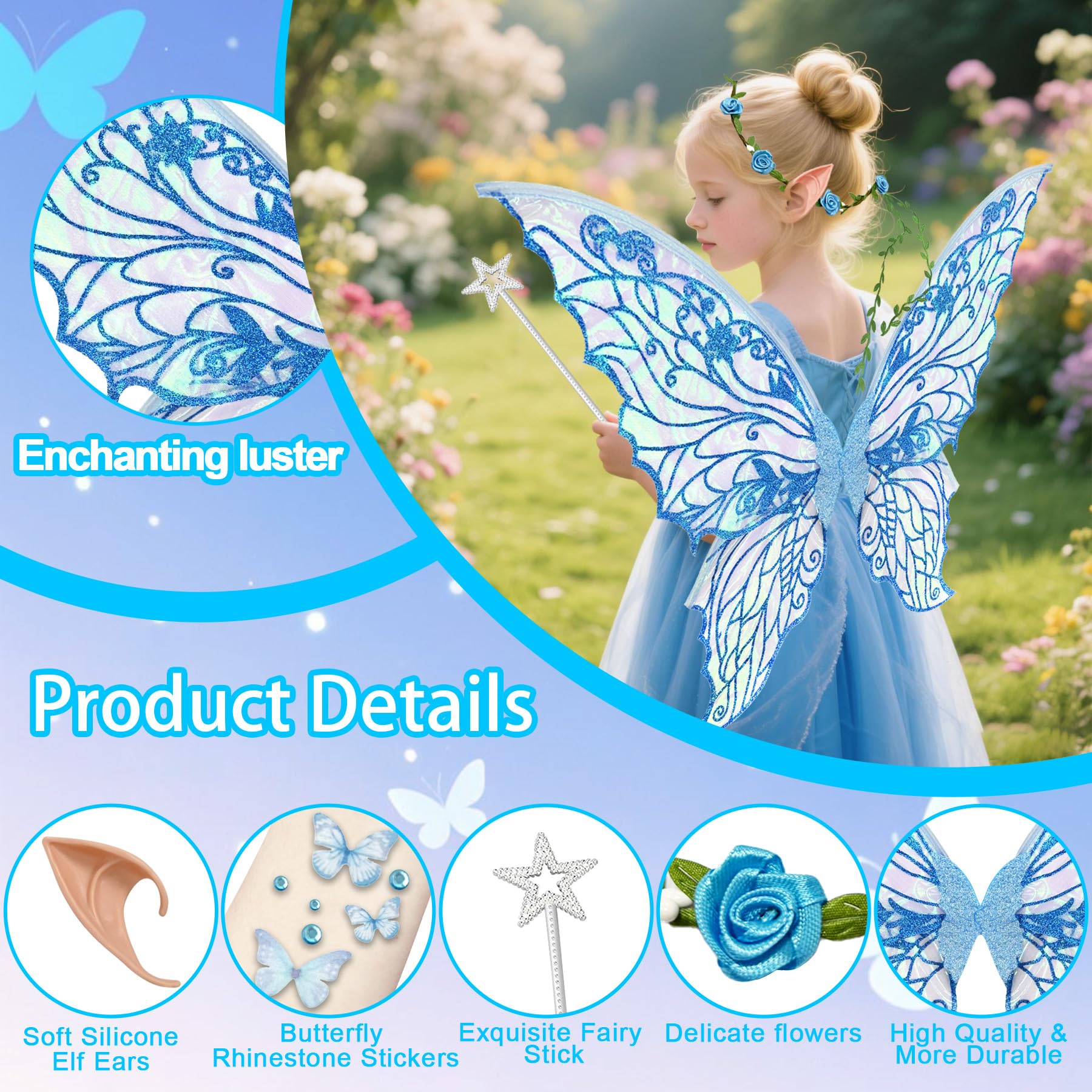 YeahBoom Children's fairy wings, butterfly wings with elf ears, fairy headband and star fairy wands, butterfly wings - Image 3