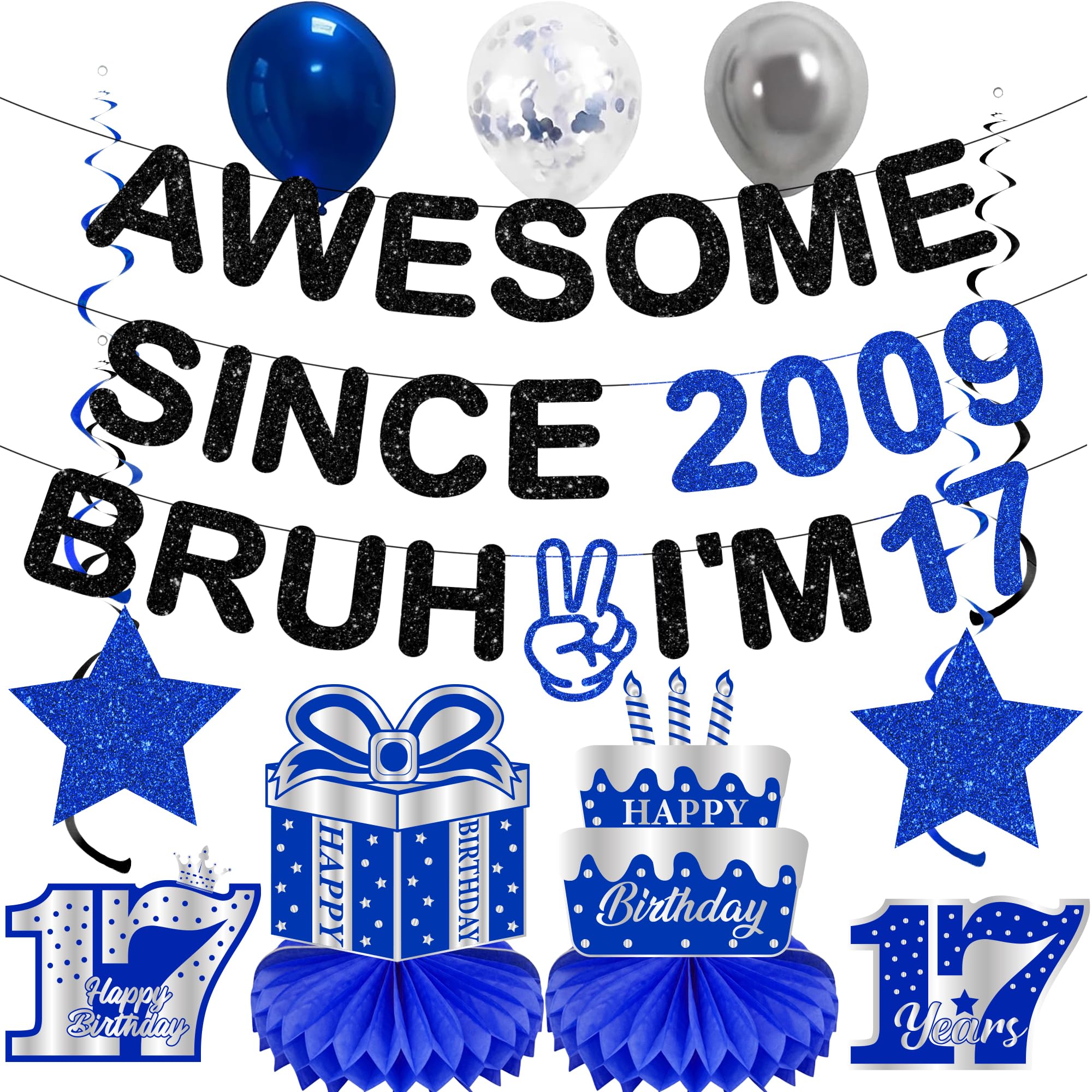 17 Birthday Decorations Banner Boys - 12 Pcs Glitter Black Blue Awesome Since 2009 Bruh I'm 17 Banners Pre Strung Hanging Swirls Honeycomb for Seventeen Boys Year Old Party Decor Supplies โ image 1