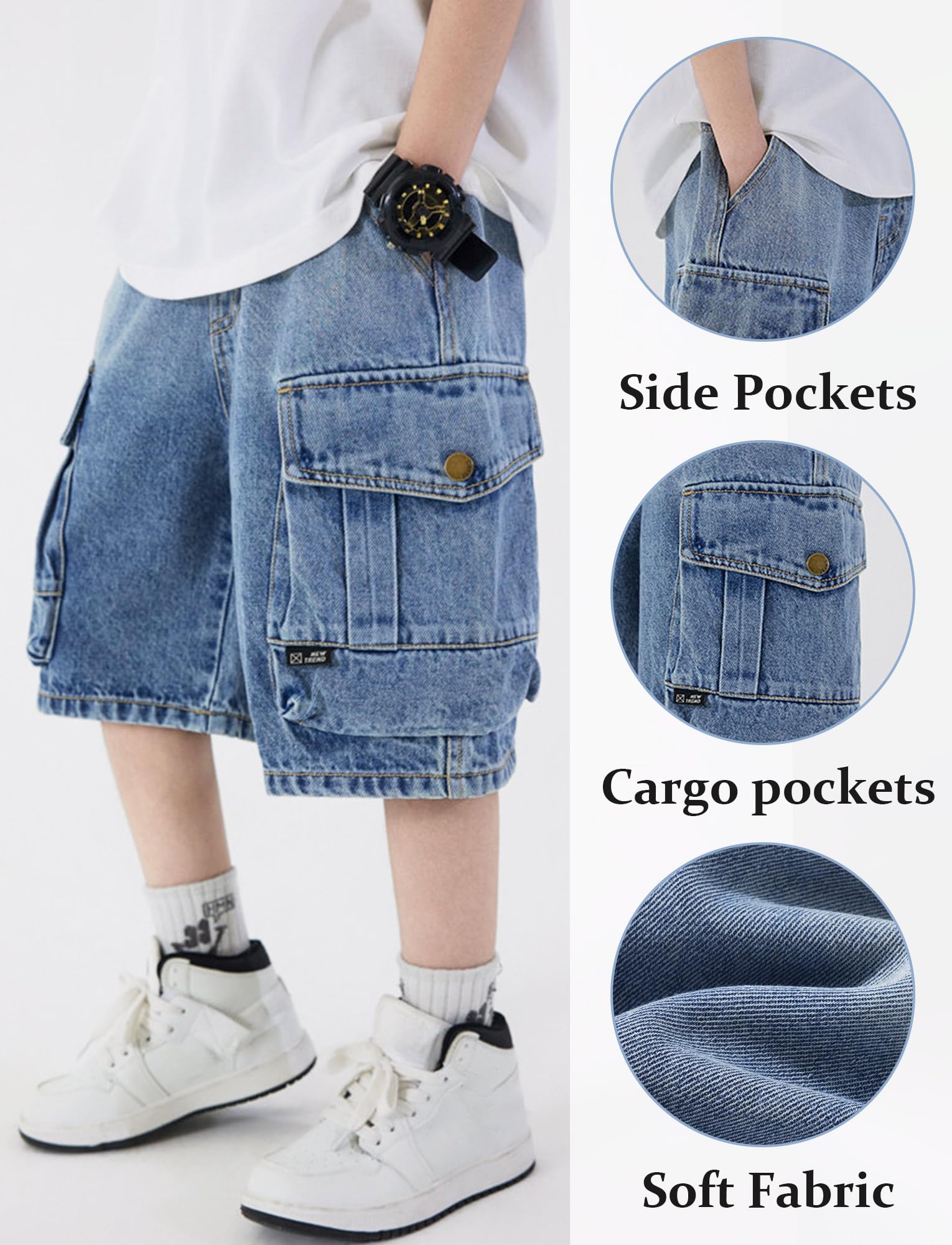 SEAUR Pantalon Corto Vaquero Niño Pantalón Cortos de Pierna Ancha en Denim Baggy Jean Shorts Elástico Cintura Bermuda con Bolsillos Denim Shorts Boys