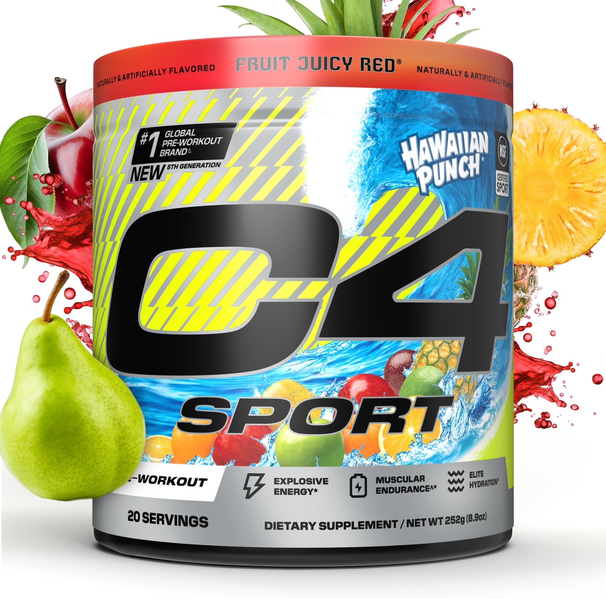 Sport Pre Workout Powder - NSF Certified for Sport - Elite Hydration - 200mg Caffeine + Creatine + Beta-Alanine - Electrolytes and Energy Supplement - Hawaiian Punch, 20 Servings