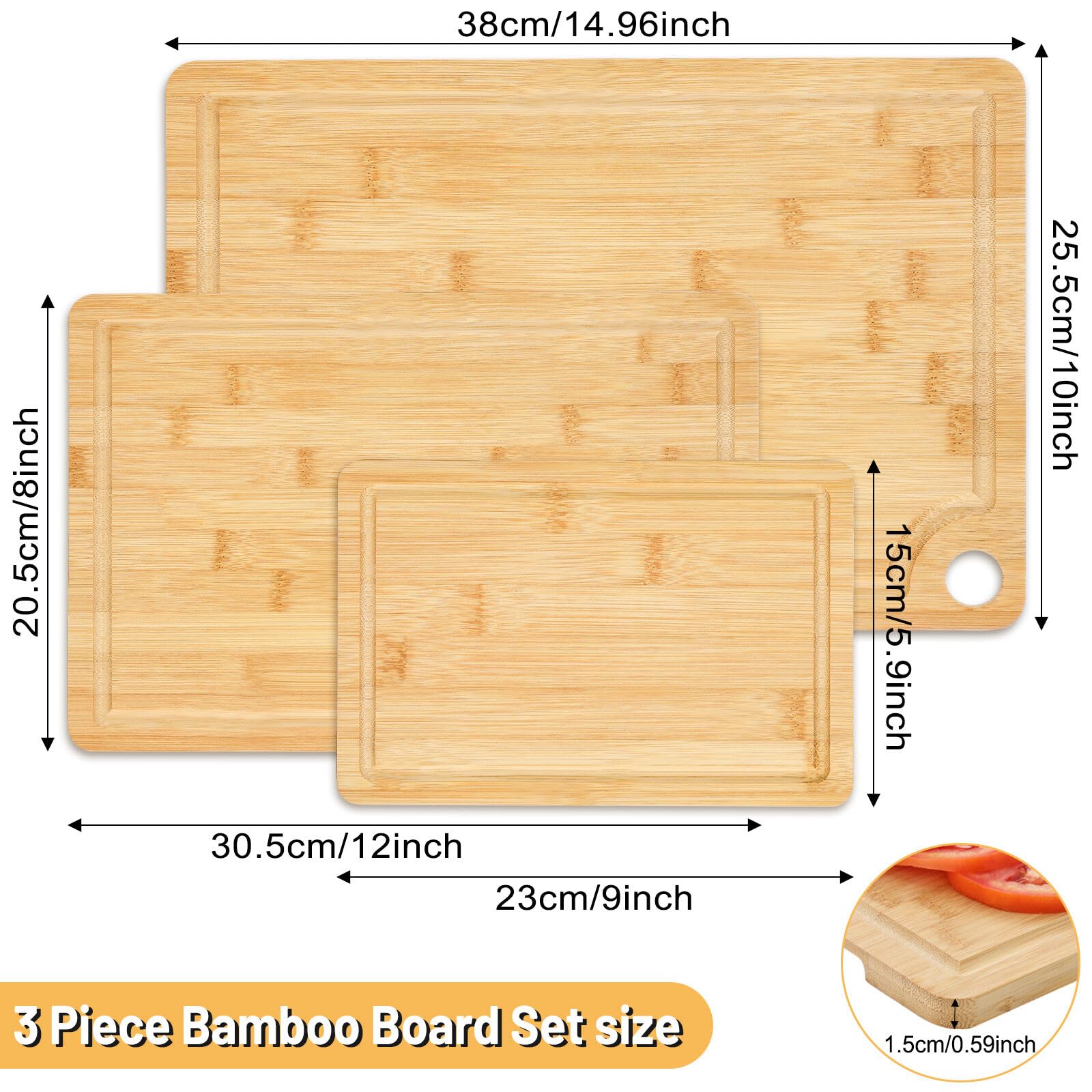 Bambú Tabla de Cortar Juego de 3, Diferentes Tamaños,Tablas de Cortar de Madera y Bandeja para Servir, Tablas de Cortar de Madera Gruesa para Cocina, Aptas para Lavavajillas
