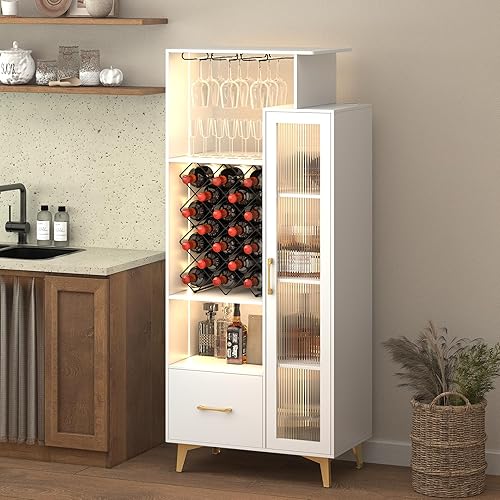Vlsrka Armario LED para vino de licor, gabinete de bar de vinos con puerto USB, gabinetes de bar para 18 botellas de vino y 3 soportes para vasos,