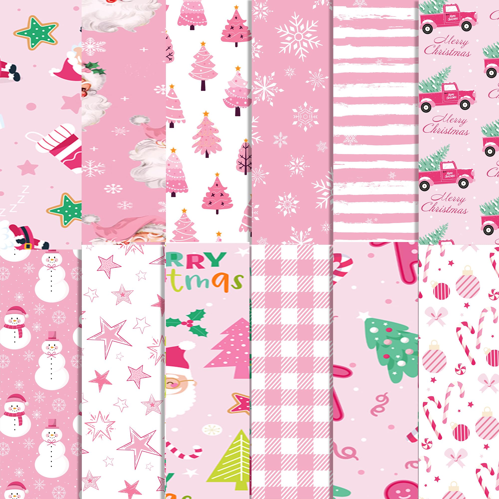 MerwDeeyt Scrapbook Papier 30x30 Rosa Weihnachten Muster Bastelpapier | 12 Muster 24 Blatt, Doppelseitiges Dekorpapier, Winter Motivpapier, für Journal Scrapbooking