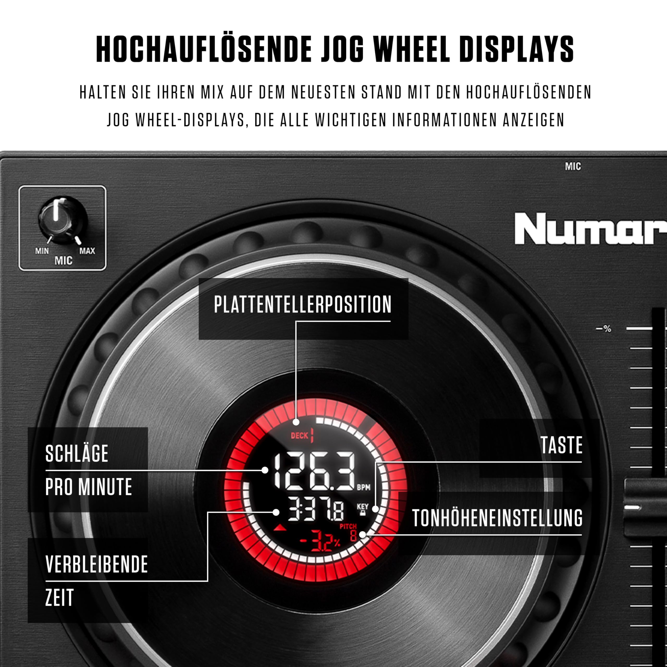 Numark Mixtrack Platinum FX - DJ Controller Pult mit 4-Deck Kontrolle, integriertem Audio Interface, Jogwheel-Displays und Effektpaddeln