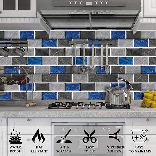 Miniatura 3 de URCOLOR 10 hojas para despegar y pegar para pared de cocina, salpicaduras traseras de 12 x 12 pulgadas para baño, aspecto de mármol gris y azul