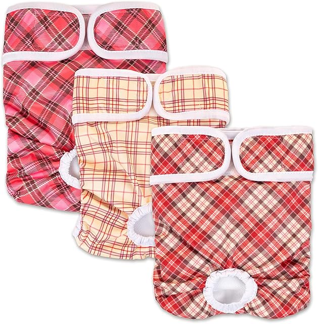 Pet Soft Dog Nappies Female - Washable Female Period Pants for Dogs Pets, Incontinence Reusbale Dog Heat Diapers 3Pack (Grid Four, XS)