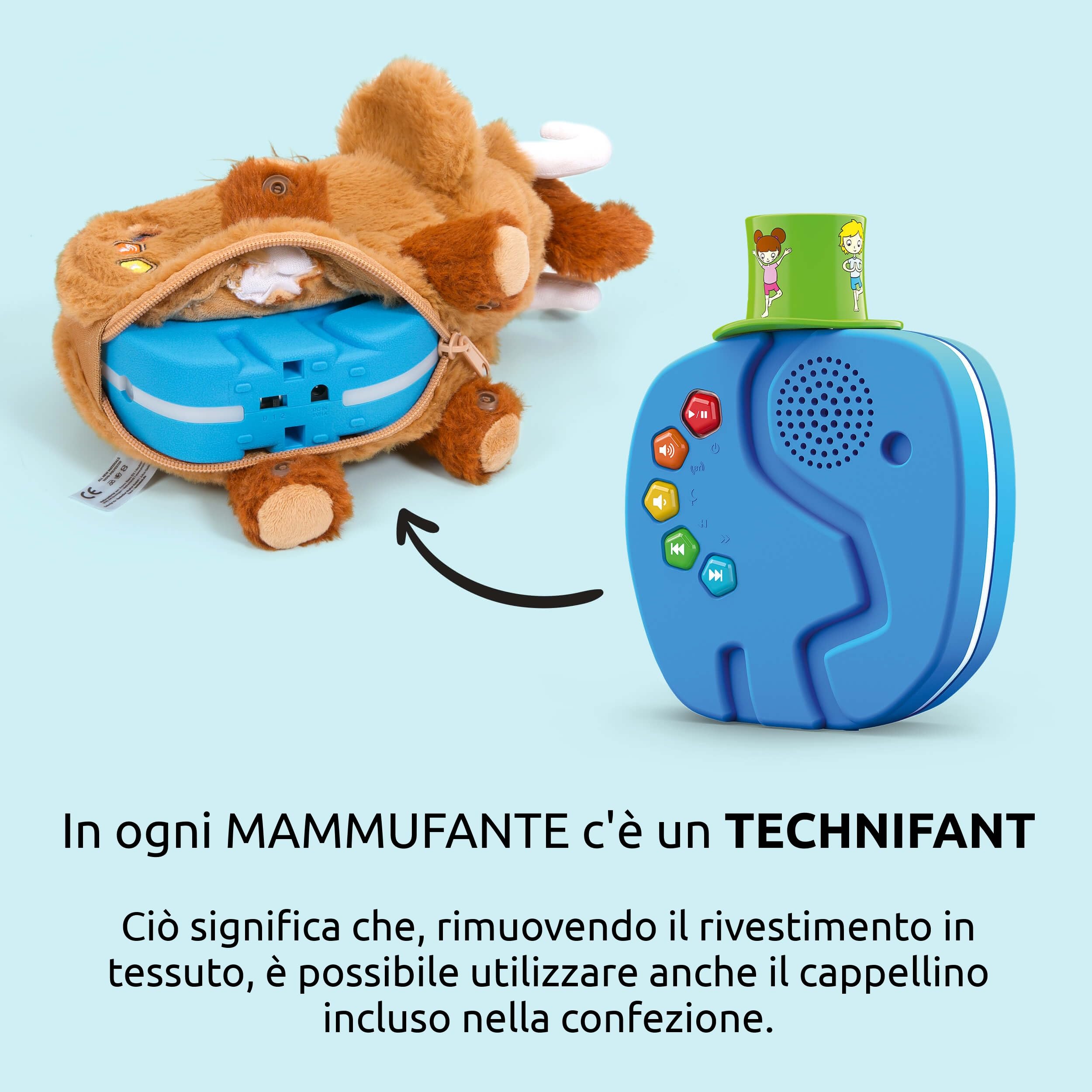 TechniSat Matti der MAMMUFANT - Altoparlante Bluetooth morbido con luce notturna per bambini (lettore audio, cappellino MP3 programmabile e batteria potente)
