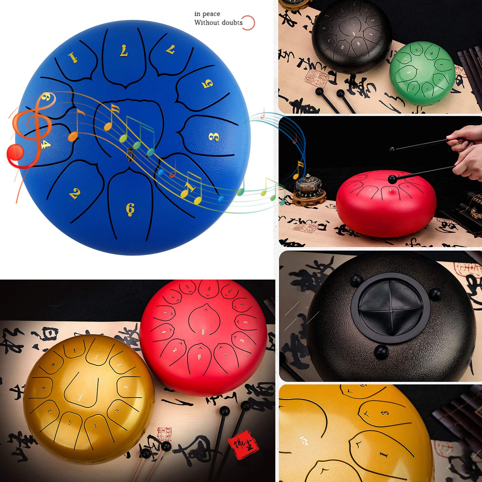 Stalowy bęben językowy, 11 notatek 10 cali Handpan bębny Instrument perkusyjny z wyściełaną torbą podróżną, młotki, naklejki na notatki, książka muzyczna, dla początkujących, niebieski