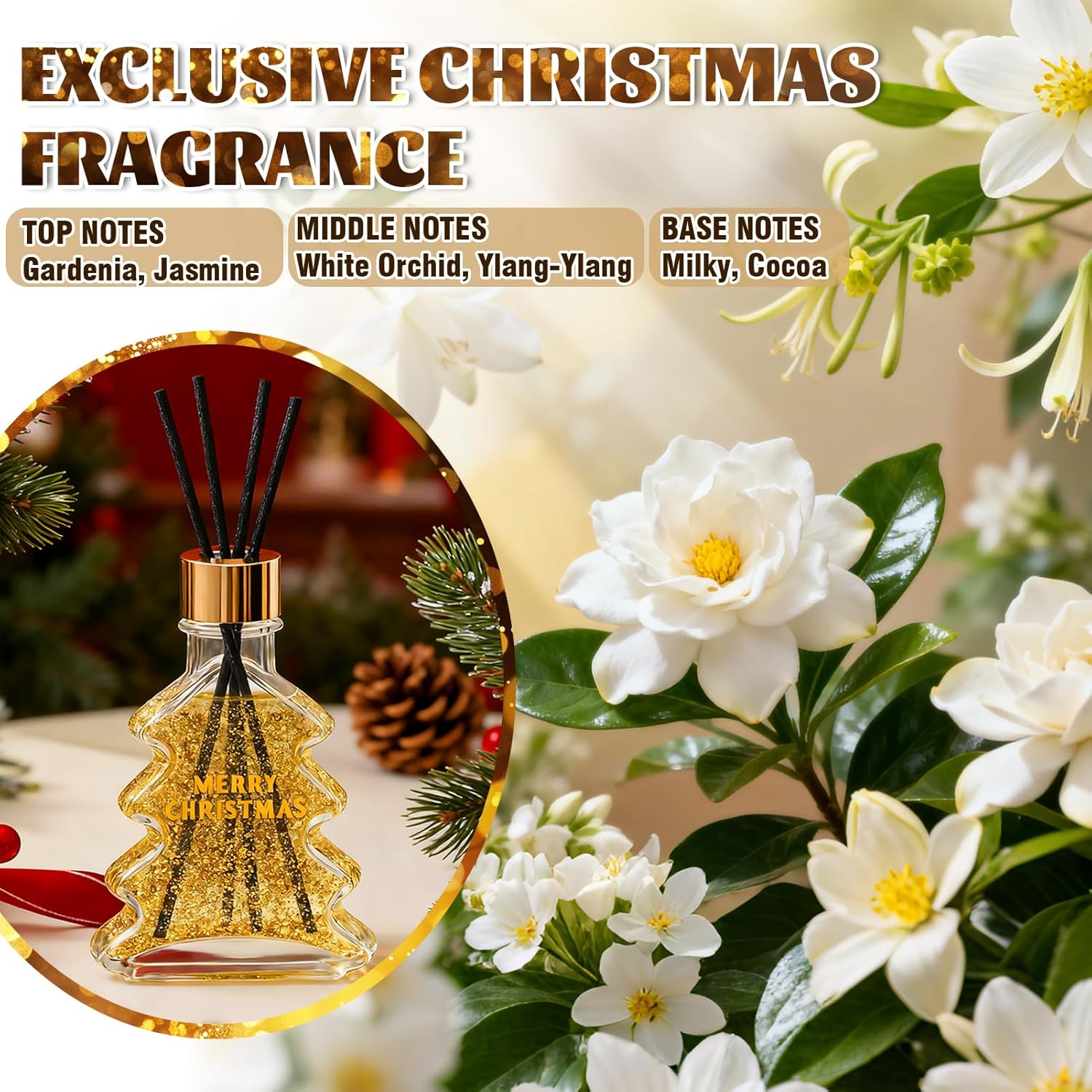JAOJAO Reed Diffusers, Reed Diffuser Set Gardenia Scent with Gold foil for Bedroom Living Room Bathroom Office Home Long-Lasting Fragrance Aromatherapy Oil for Gift, 100ml - Image 3