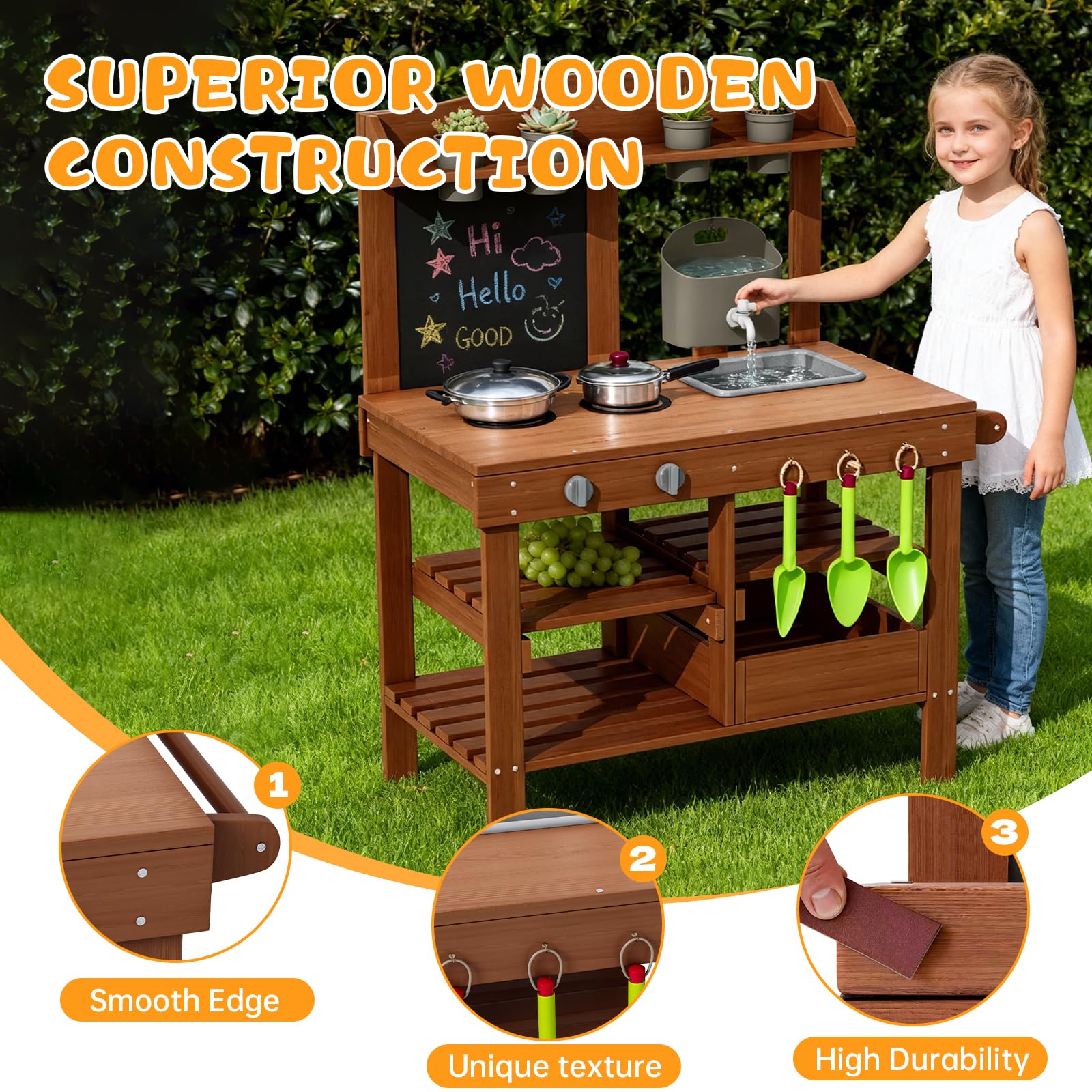 Mud Kitchen for Outdoor, Wooden Outdoor Pretend Kitchen with Sink, Water Slide, Faucet, Stove, Chalkboard and Storage Shelves M3 — view 3