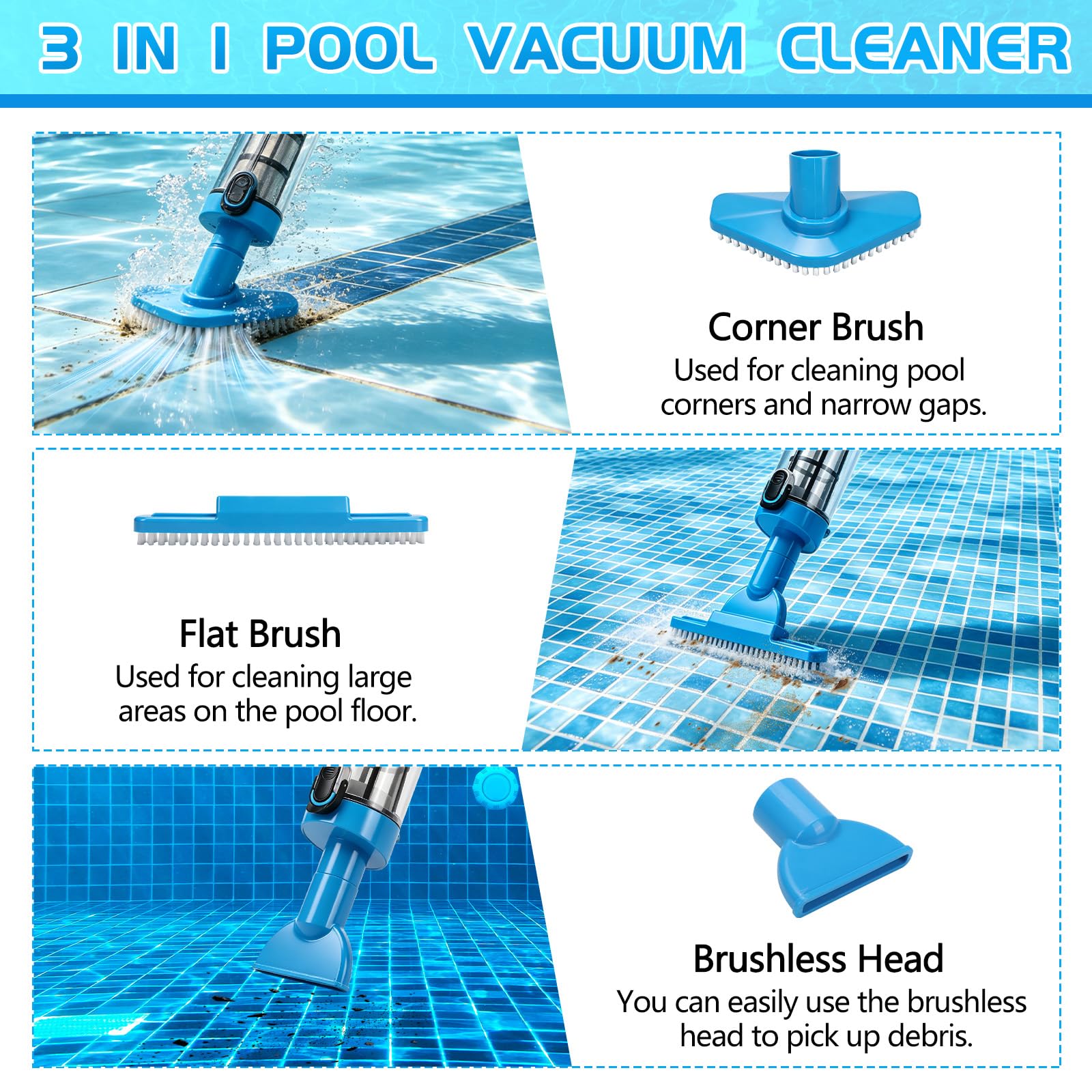 Aspirapolvere senza fili per piscina con batteria da 1600 mAh, con asta di prolunga, filtro e 3 teste, max. 165 cm, aspirapolvere per piscina, idromassaggio e piscina per bambini