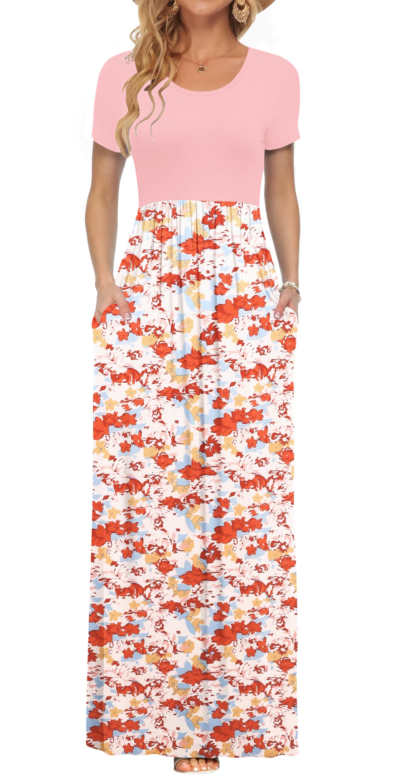 AUSELILY Women's Summer Short Sleeve Loose Plain Casual Long Maxi Dresses | Year Round wear solid floral print, Casual wear, Empire waist, Floor length, Side pockets
