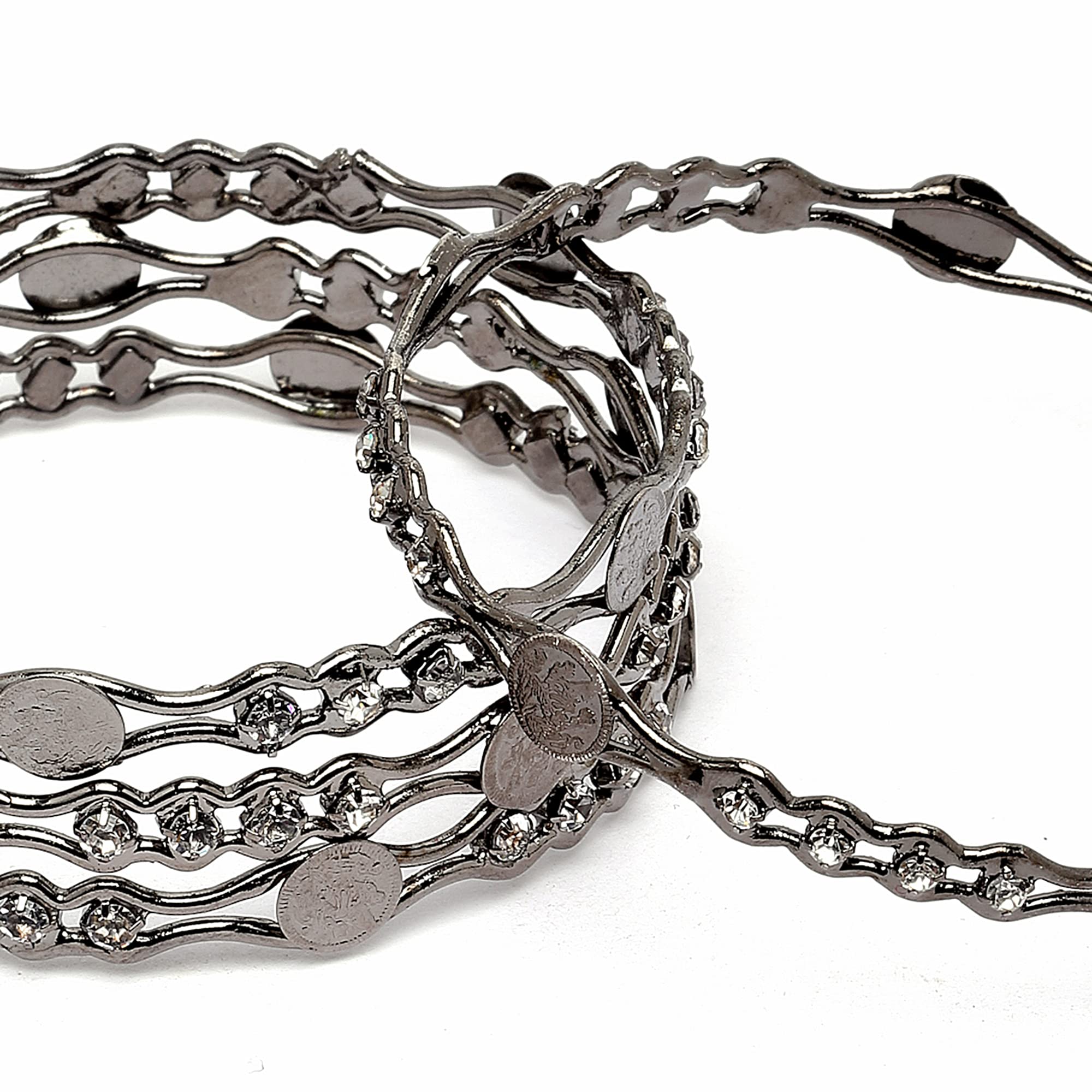 Oxidised Silver-Plated Temple Coin Bangles Set