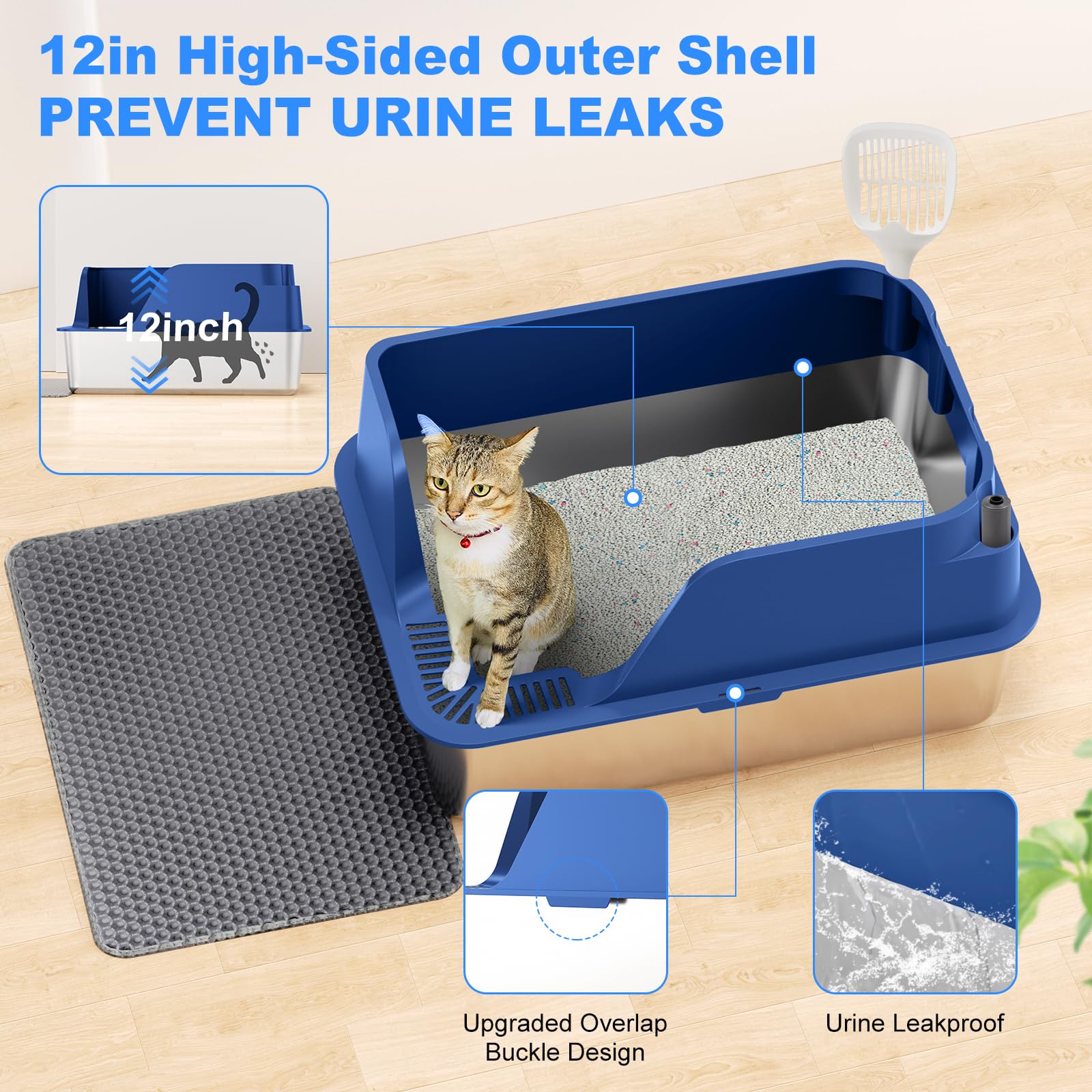 Non-stick Stainless Steel Litter Box, XL Side Opening Splash-Proof & Leak-Proof Seamless Seal, Ellenpent Large Capacity, Cat Litter Box with Lid for Multi-Cats, Large Cats, Easy-Clean & Durable (Blue) - image 4