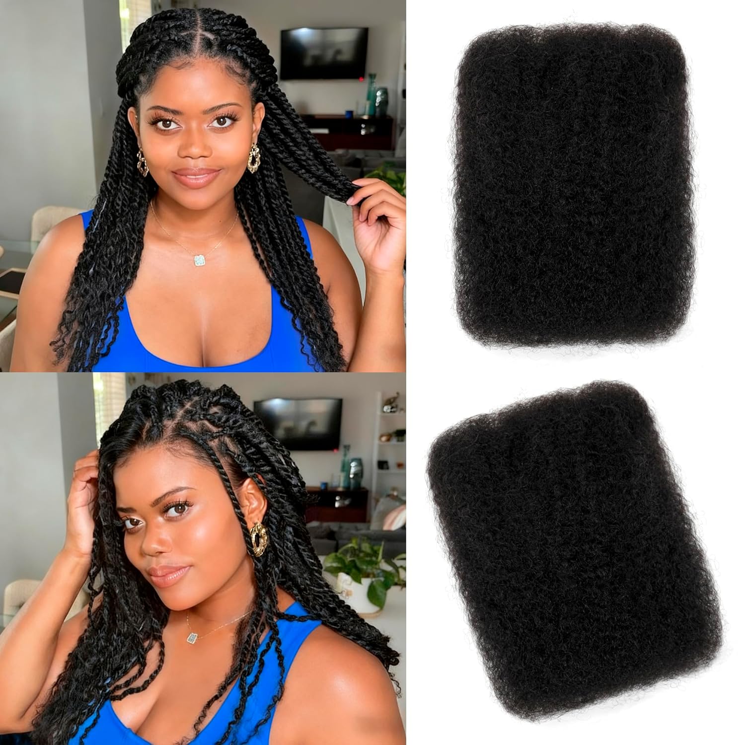 Afro Kinky Bulk Human Hair, 4C Afro Kinky-Curly Bulk Human Hair for Twist Mini Twists Braiding and Dreadlock Extensions 50g/Pack (1B, 14 Inch)